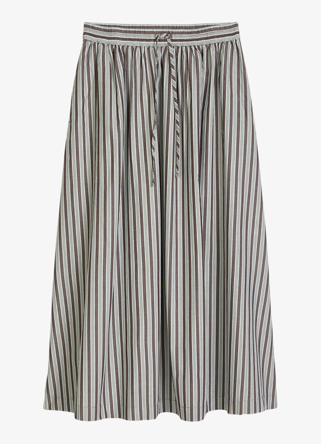 Marc O'Polo Denim Midi rok van katoen met streepprint en elastische band - voorkant 3 dark brown multi 02-1544 / bruin