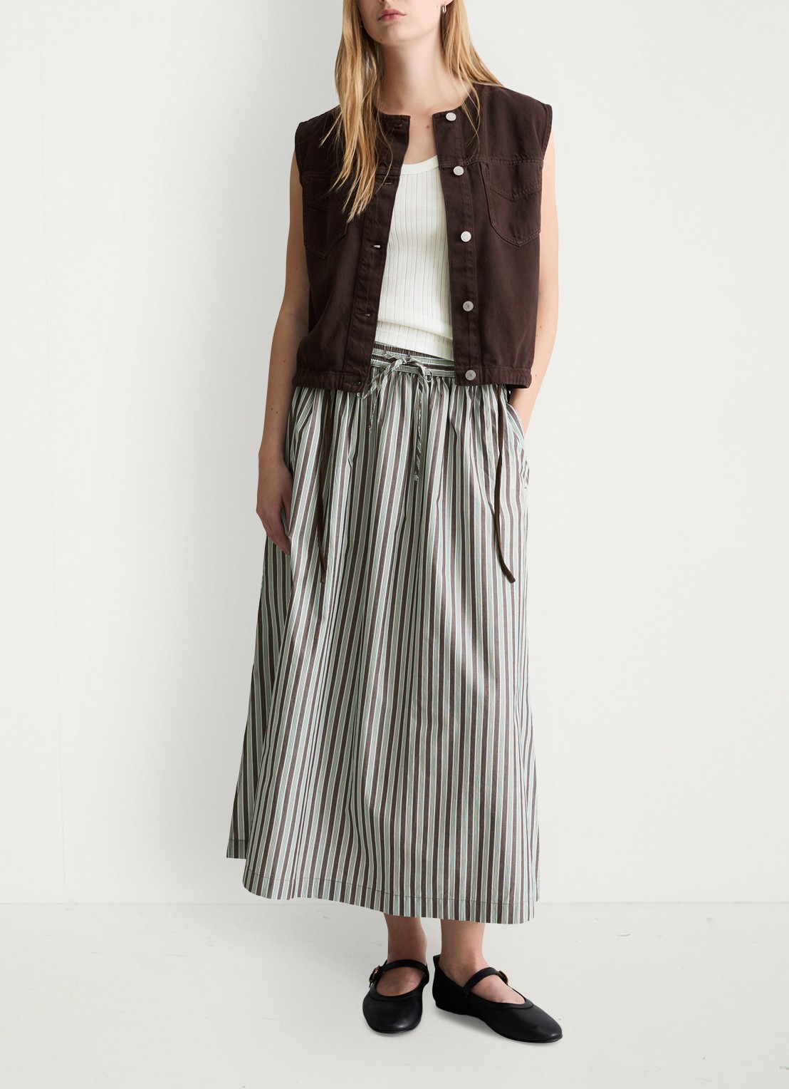 Marc O'Polo Denim Midi rok van katoen met streepprint en elastische band - voorkant 4 dark brown multi 02-1544 / bruin
