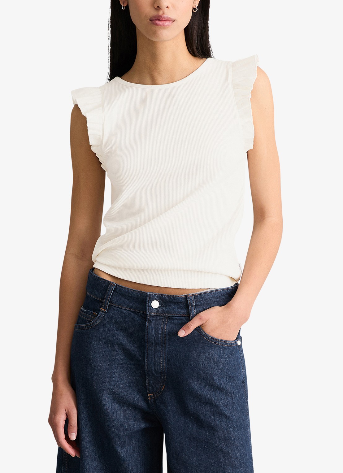 Marc O'Polo Denim Mouwloze top met ribstructuur - detail 4 silky white-1183 / wit