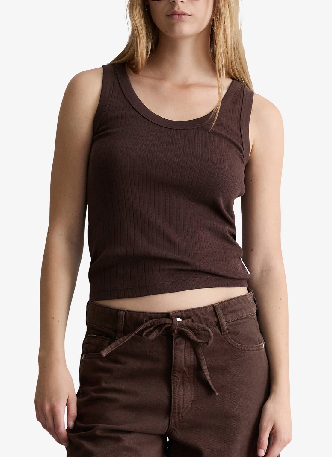 Marc O'Polo Denim Pointelle tank top van katoen - detail 4 burnt aubergine-6929 / paars