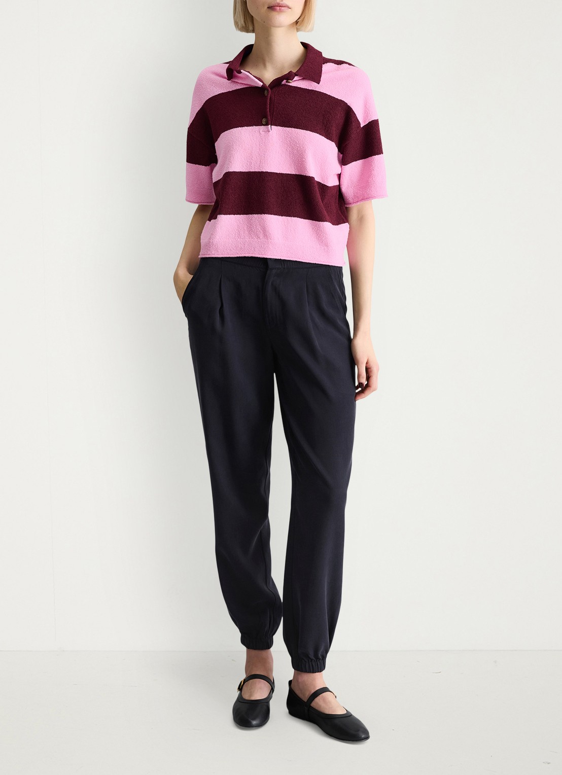 Marc O'Polo Denim Polo met streepprint - voorkant 3 dark pink/7697