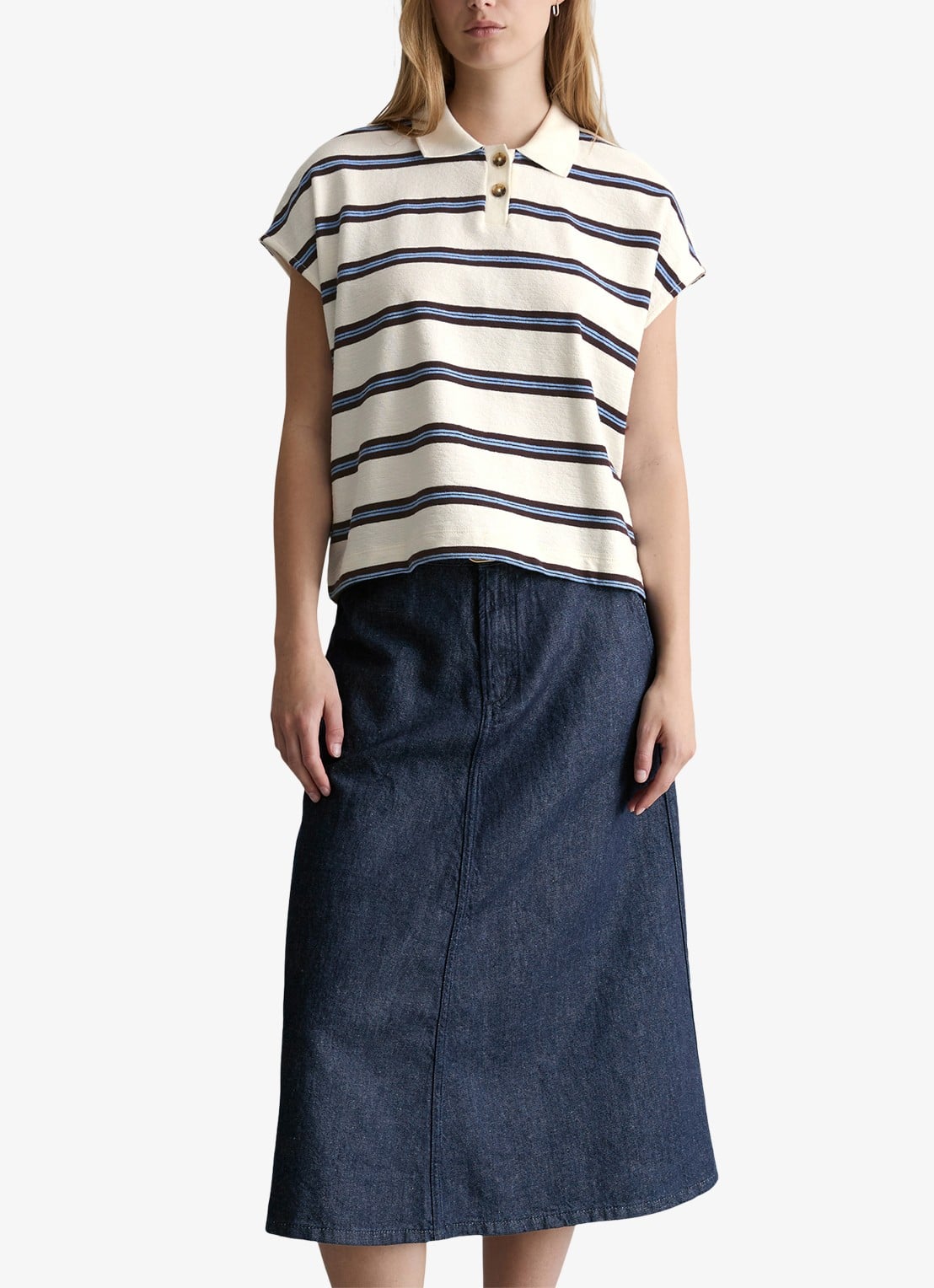 Marc O'Polo Denim  Polo met streepprint - detail 4 offwhite multi 01-1257 / wit