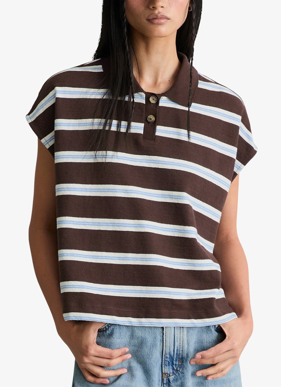 Marc O'Polo Denim  Polo met streepprint - detail 4 dark brown multi 01-1543 / bruin