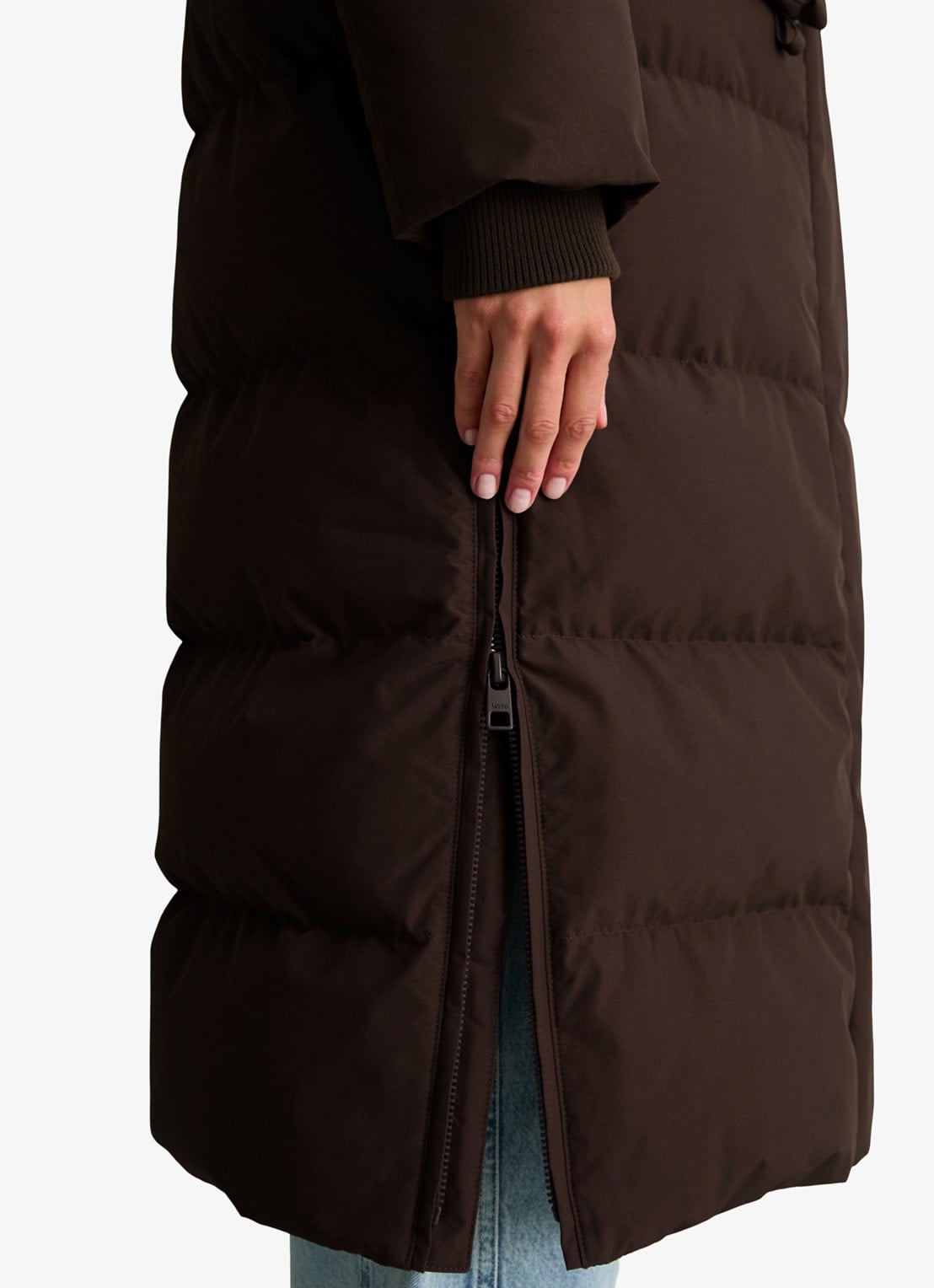 Marc O'Polo Denim Puffer jas met capuchon - detail 5 donkerbruin
