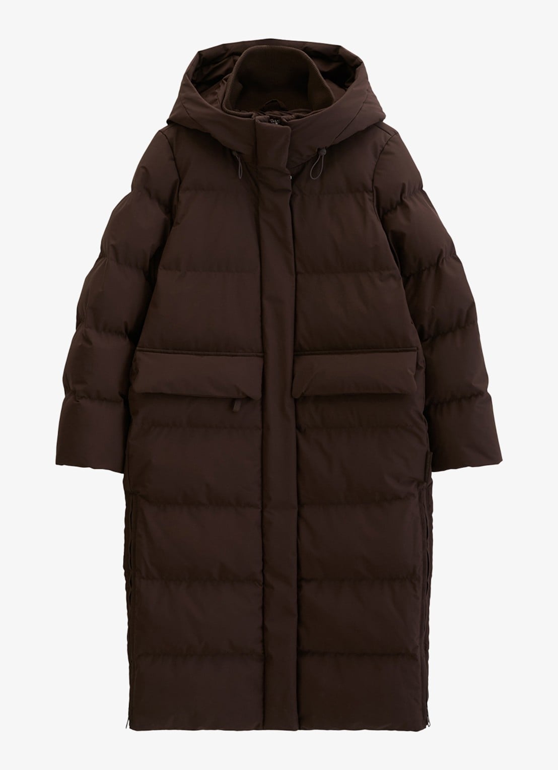 Marc O'Polo Denim Puffer jas met capuchon - voorkant donkerbruin