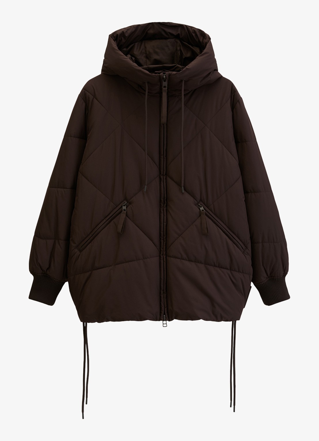 Marc O'Polo Denim Puffer jas met capuchon - voorkant donkerbruin