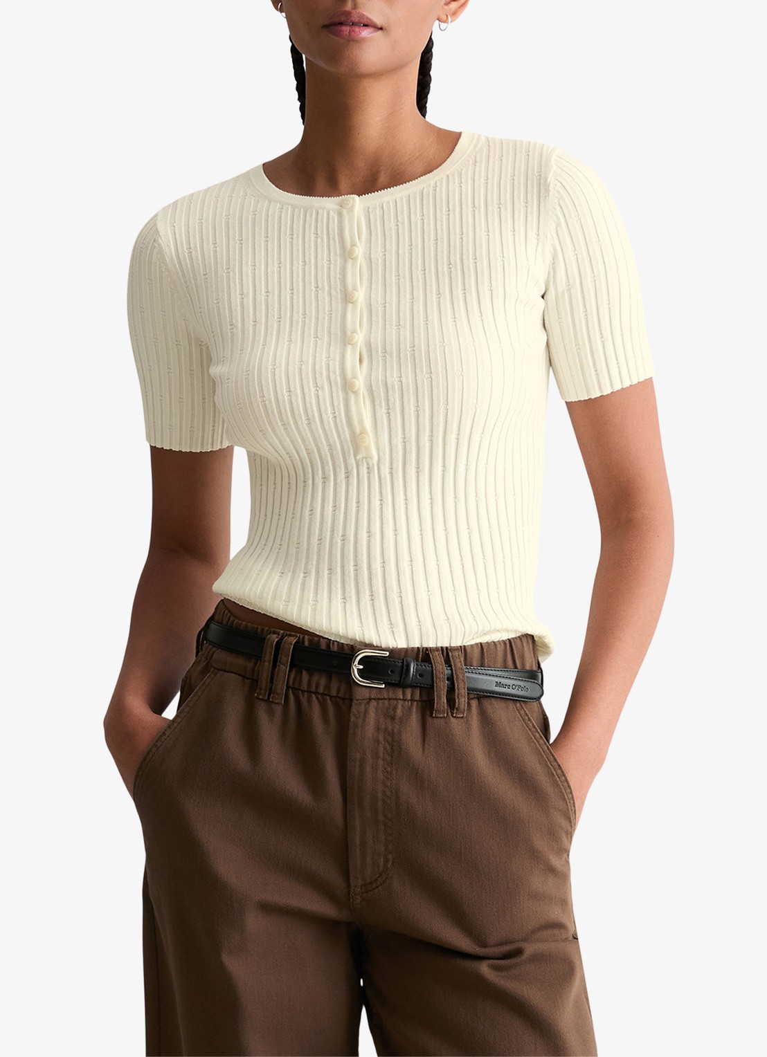 Marc O'Polo Denim Ribgebreide trui met knopen - detail 4 creme