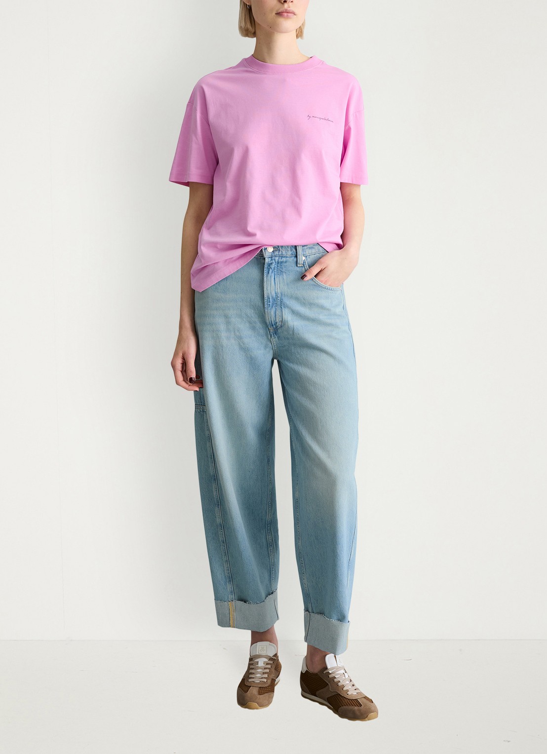 Marc O'Polo Denim T-shirt met logo- en backprint - voorkant 5 pale bubblegum/8205