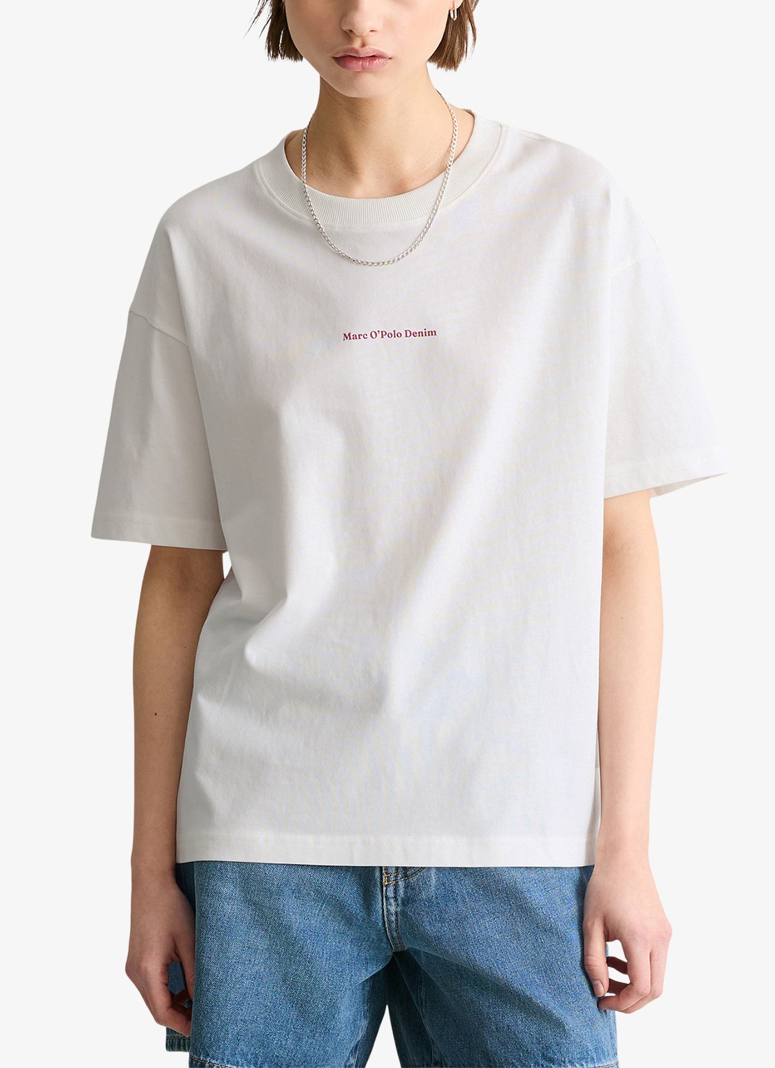 Marc O'Polo Denim T-shirt met logo- en backprint - detail 4 donkerrood