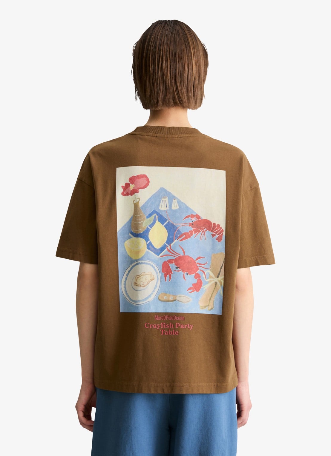 Marc O'Polo Denim T-shirt met logo- en backprint - achterkant 3 bruin