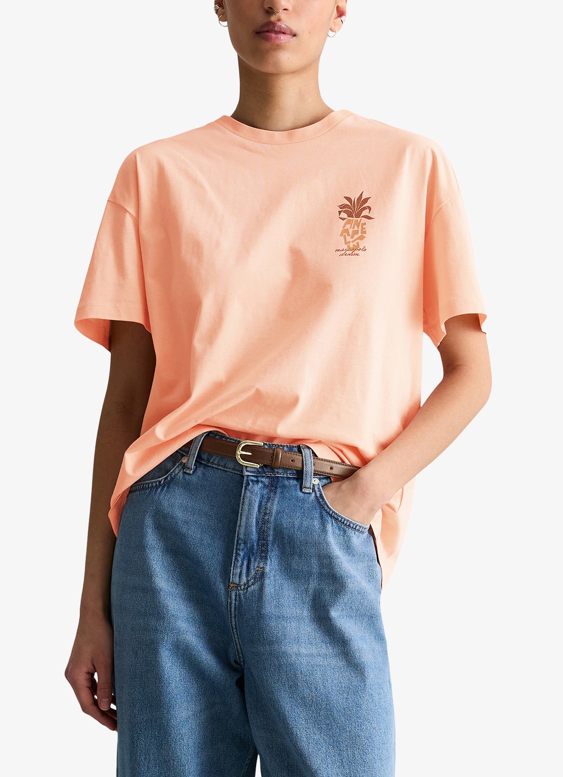 Marc O'Polo Denim T-shirt met logo en ronde hals  - detail 2 zalmroze