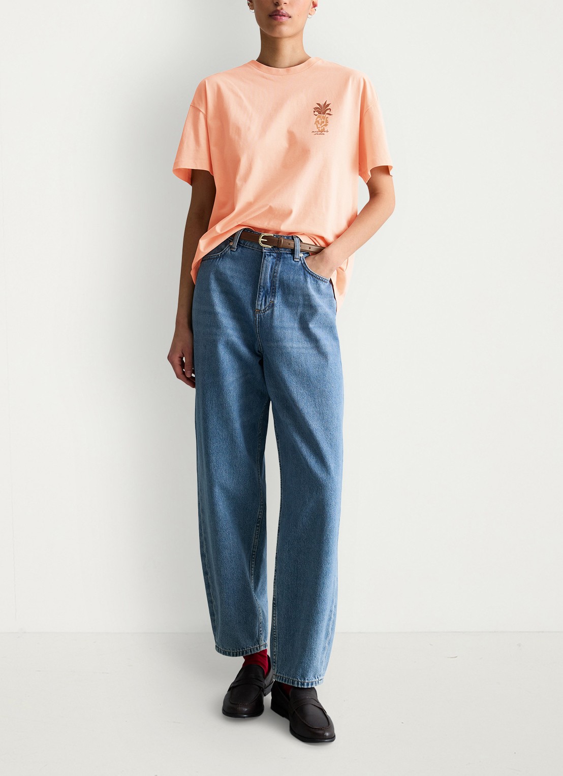 Marc O'Polo Denim T-shirt met logo en ronde hals  - voorkant 5 zalmroze
