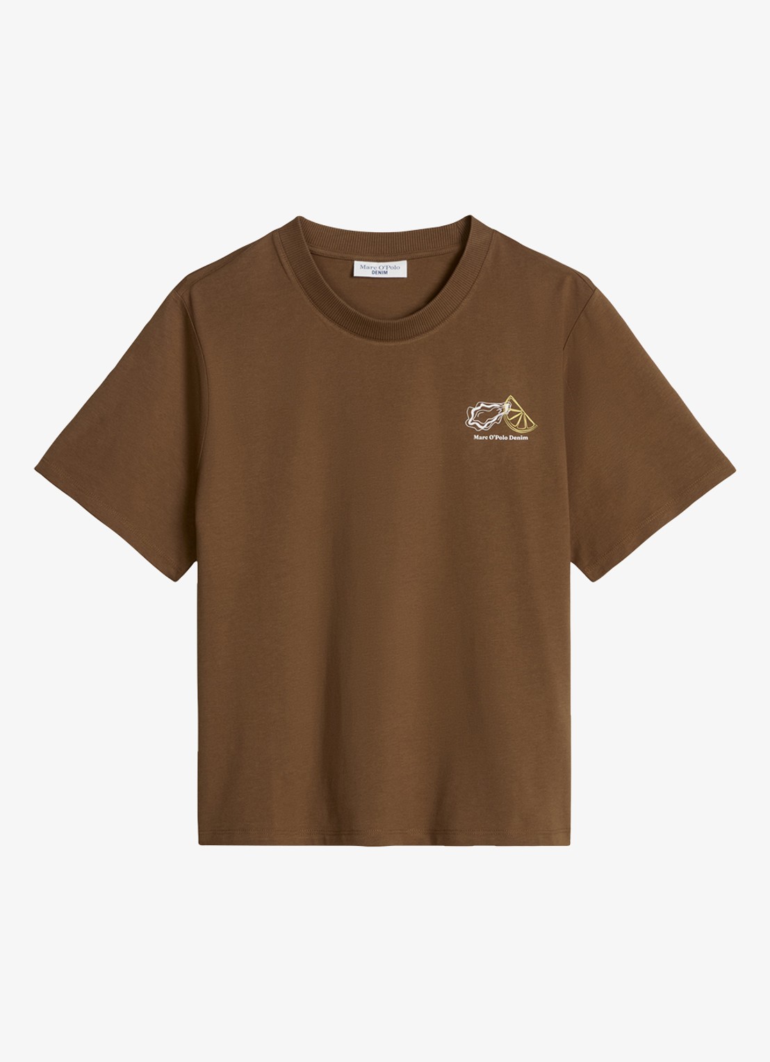Marc O'Polo Denim T-shirt met logo - voorkant umbra brown-1624 / bruin