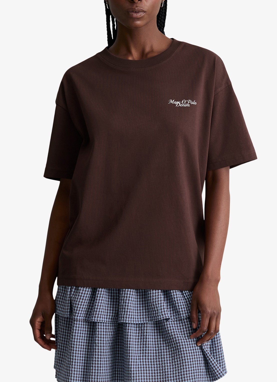 Marc O'Polo Denim T-shirt met logo - detail burnt aubergine-6929 / paars