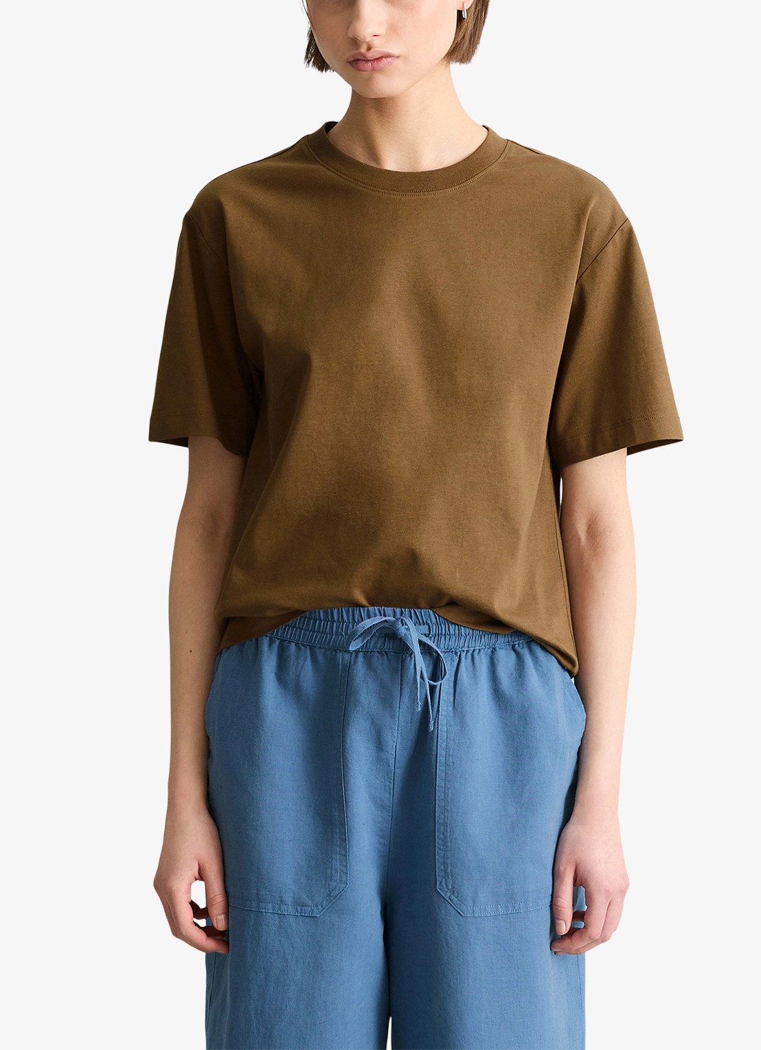 Marc O'Polo Denim T-shirt met ronde hals - detail 3 umbra brown-1624 / bruin