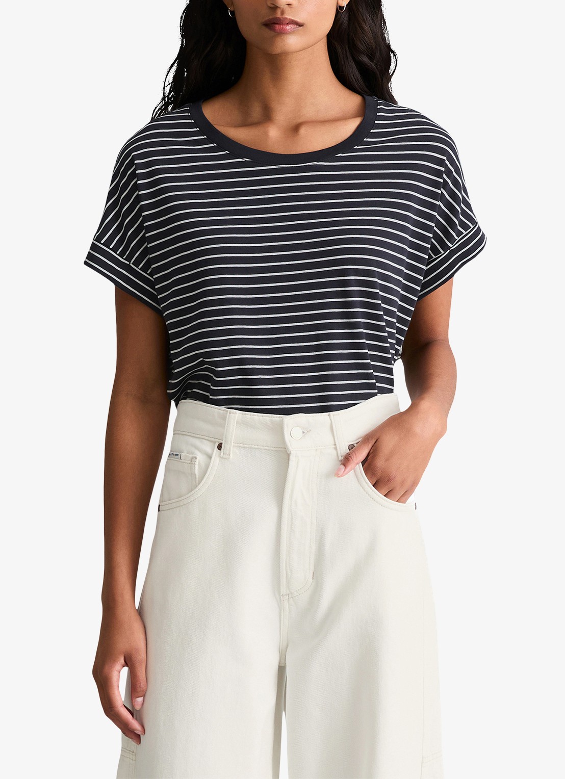 Marc O'Polo Denim T-shirt met streepprint en ronde hals - detail dark blue/4443