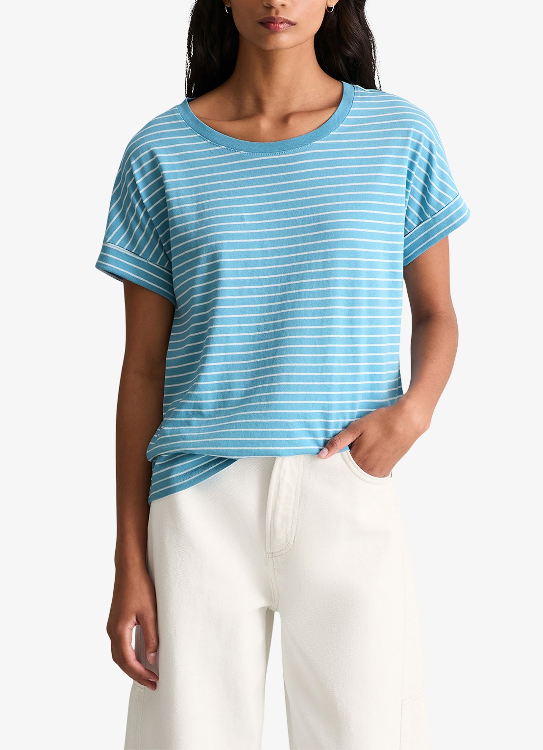 Marc O'Polo Denim T-shirt met streepprint en ronde hals - detail 4 light blue/5700
