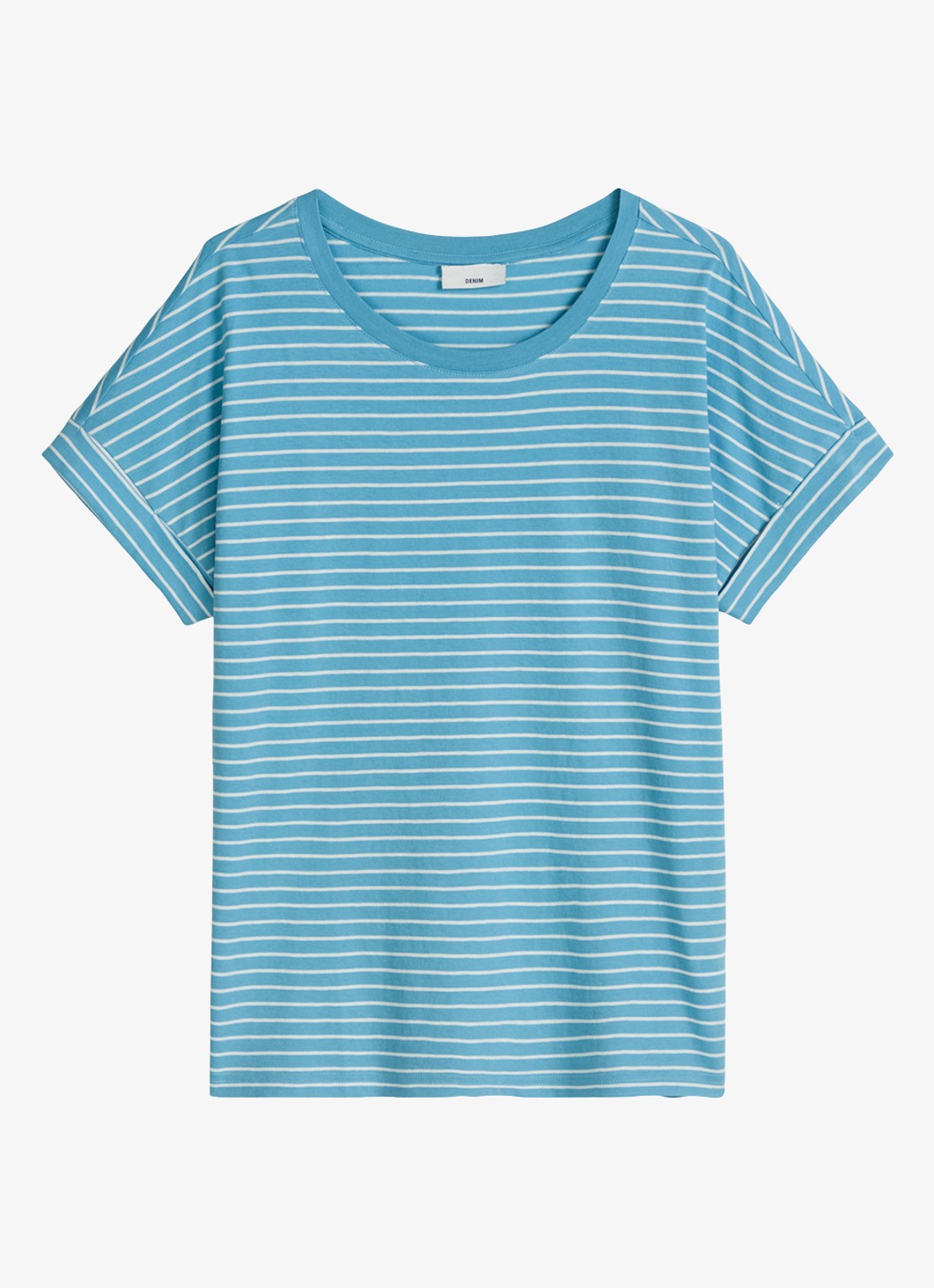 Marc O'Polo Denim T-shirt met streepprint en ronde hals - voorkant 2 light blue/5700