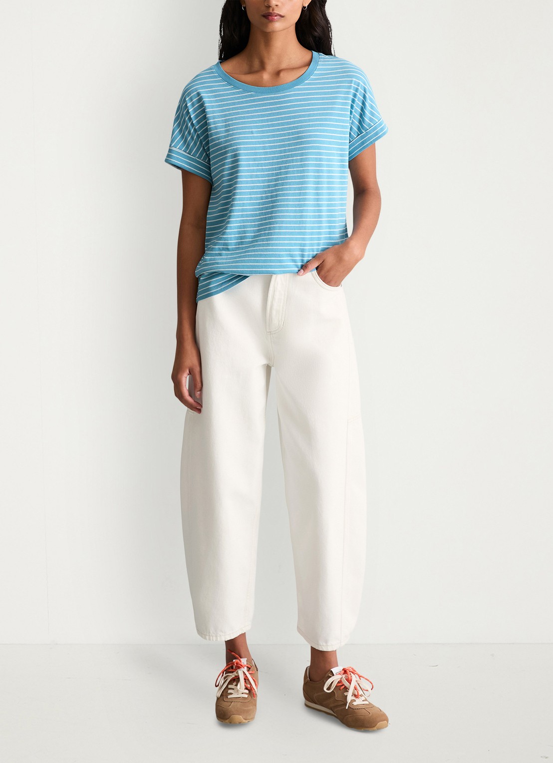 Marc O'Polo Denim T-shirt met streepprint en ronde hals - voorkant 3 light blue/5700