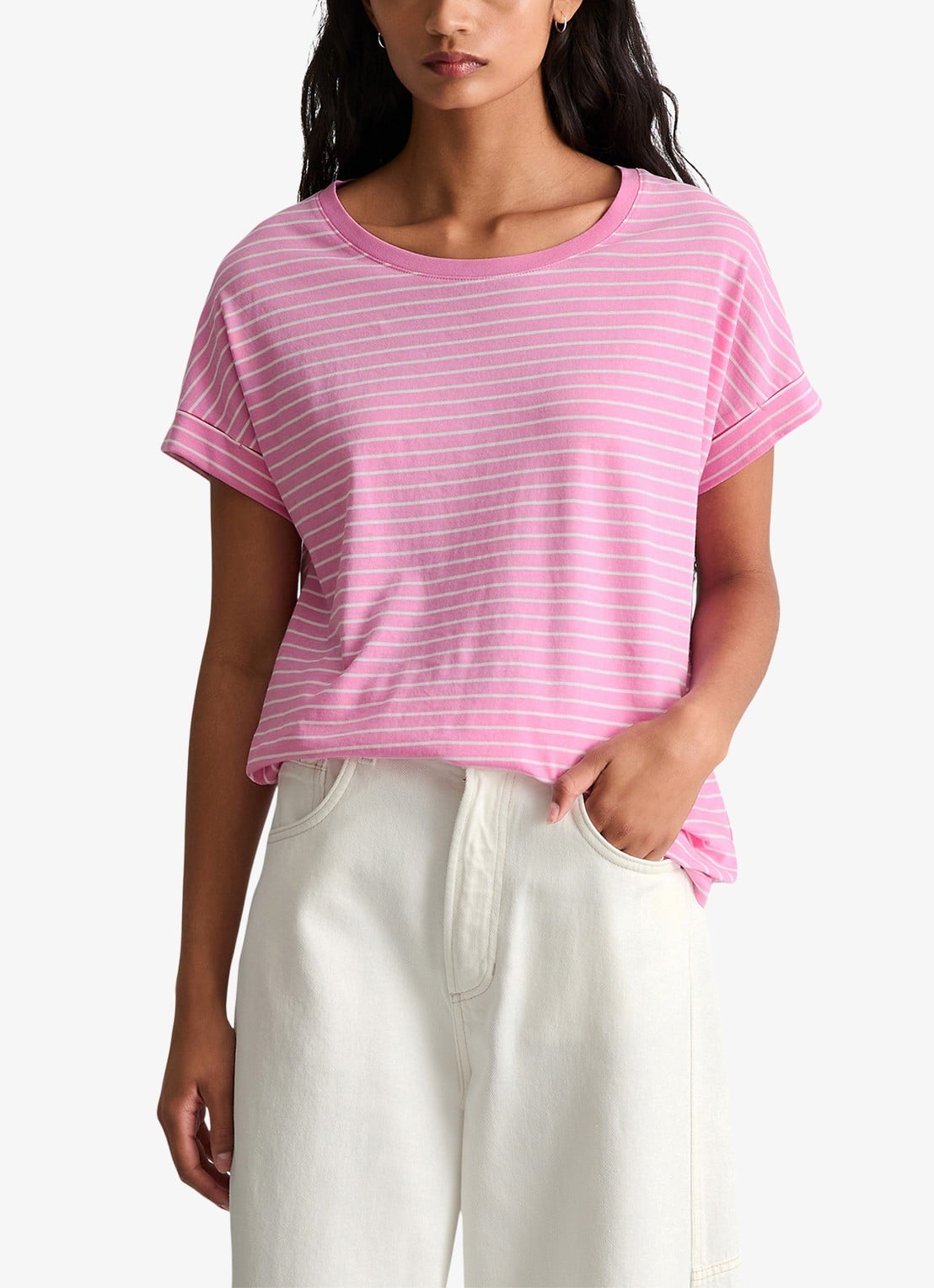 Marc O'Polo Denim T-shirt met streepprint en ronde hals - detail light pink/8375