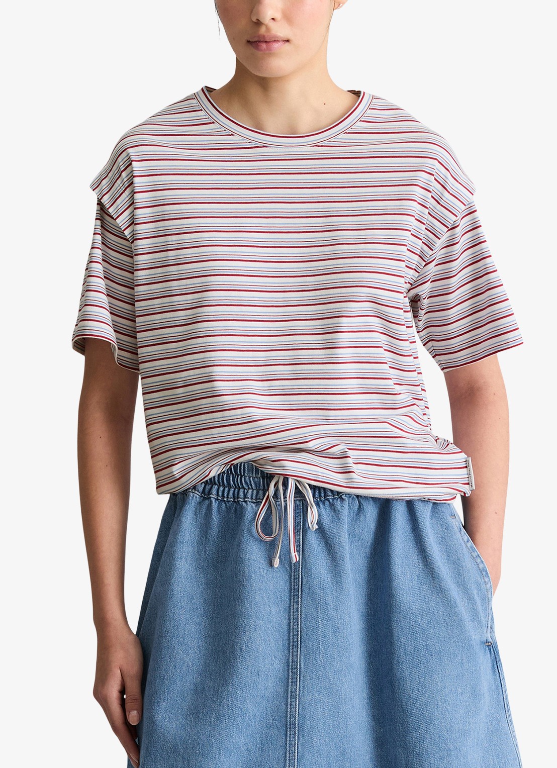 Marc O'Polo Denim T-shirt met streepprint en trekkoord - detail 4 white 01-0215 / rood