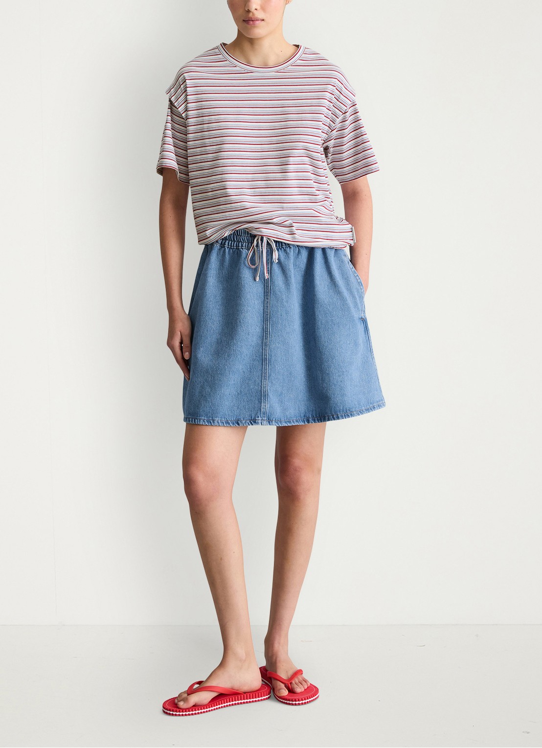 Marc O'Polo Denim T-shirt met streepprint en trekkoord - voorkant 2 white 01-0215 / rood