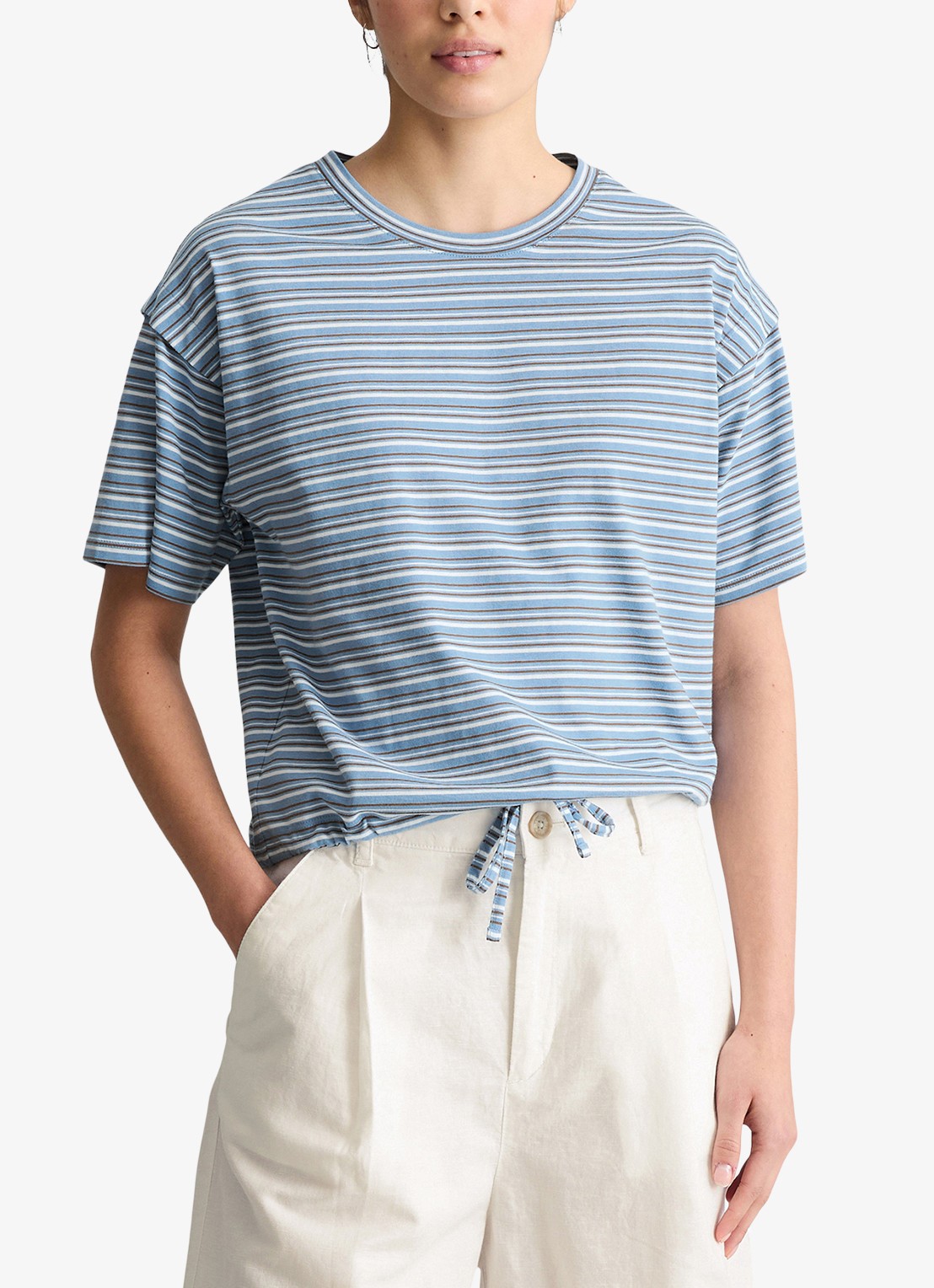 Marc O'Polo Denim T-shirt met streepprint en trekkoord - detail 4 light blue 06-5704 / blauw