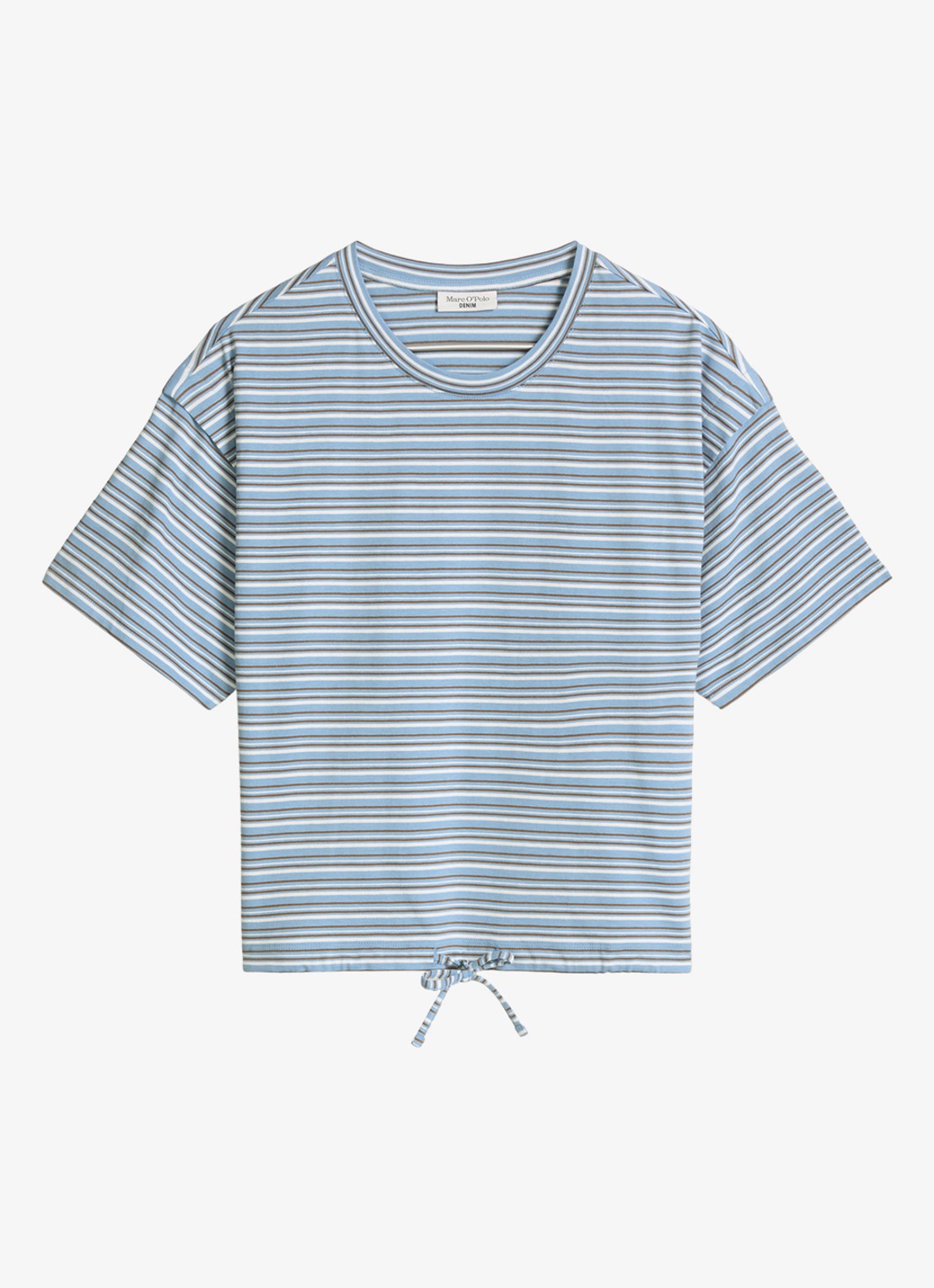 Marc O'Polo Denim T-shirt met streepprint en trekkoord - voorkant 2 light blue 06-5704 / blauw