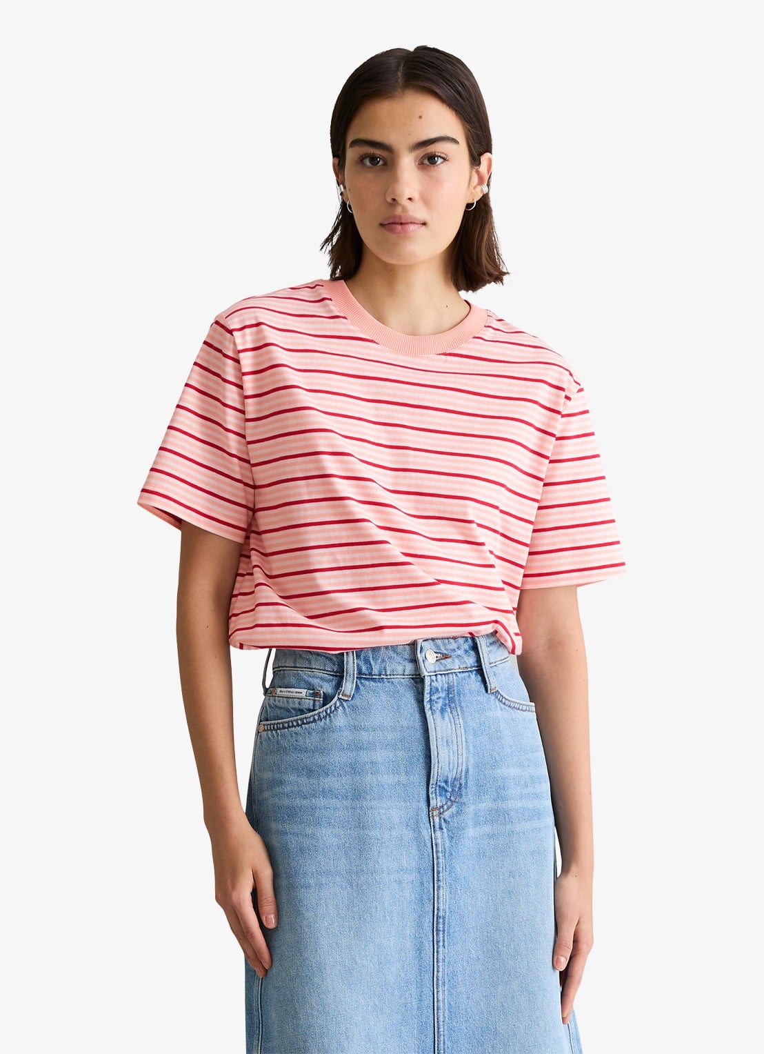 Marc O'Polo Denim T-shirt met streepprint  - detail 4 roze