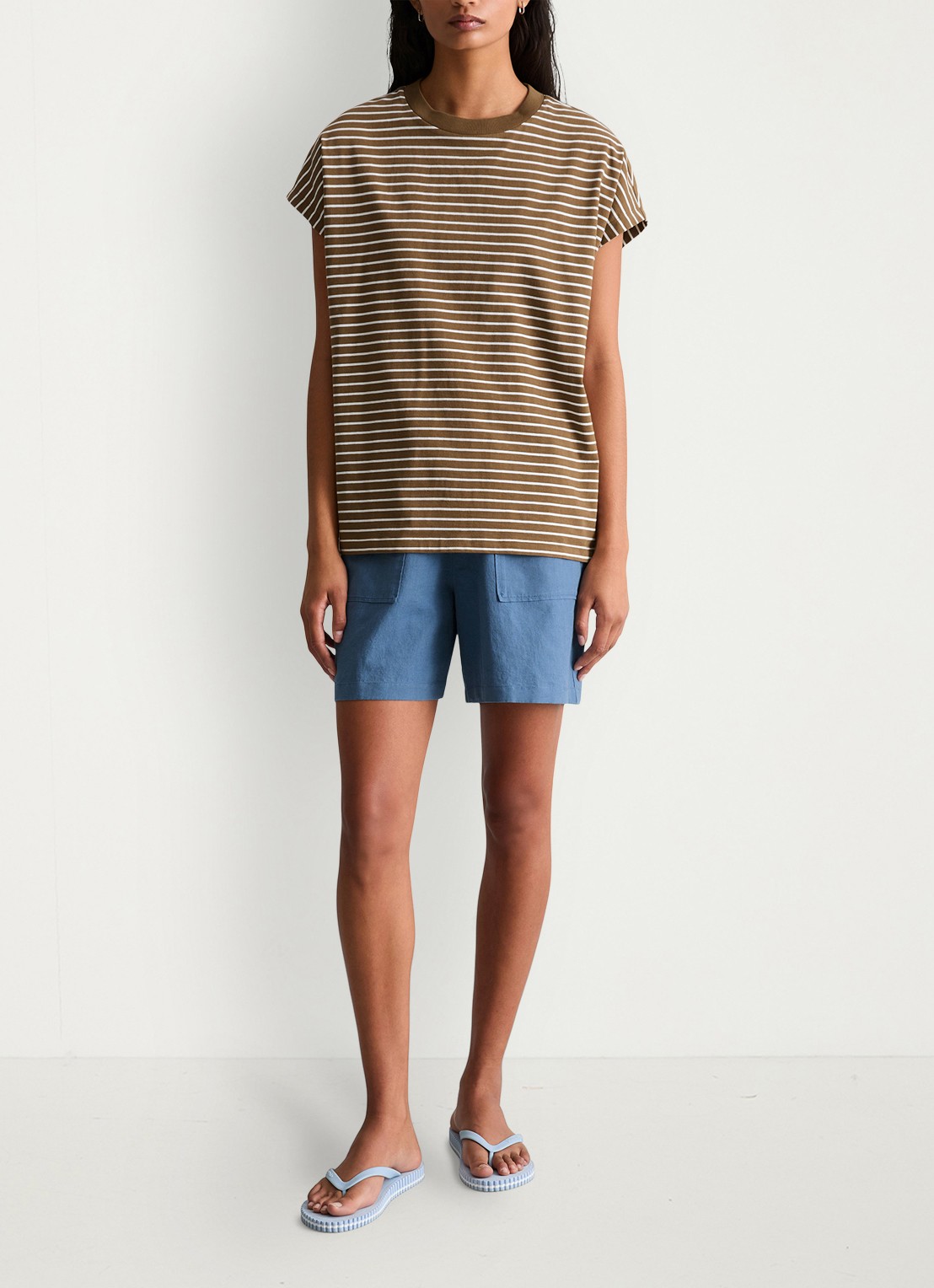 Marc O'Polo Denim T-shirt met streepprint - voorkant 2 medium brownmulti06-1842 / bruin