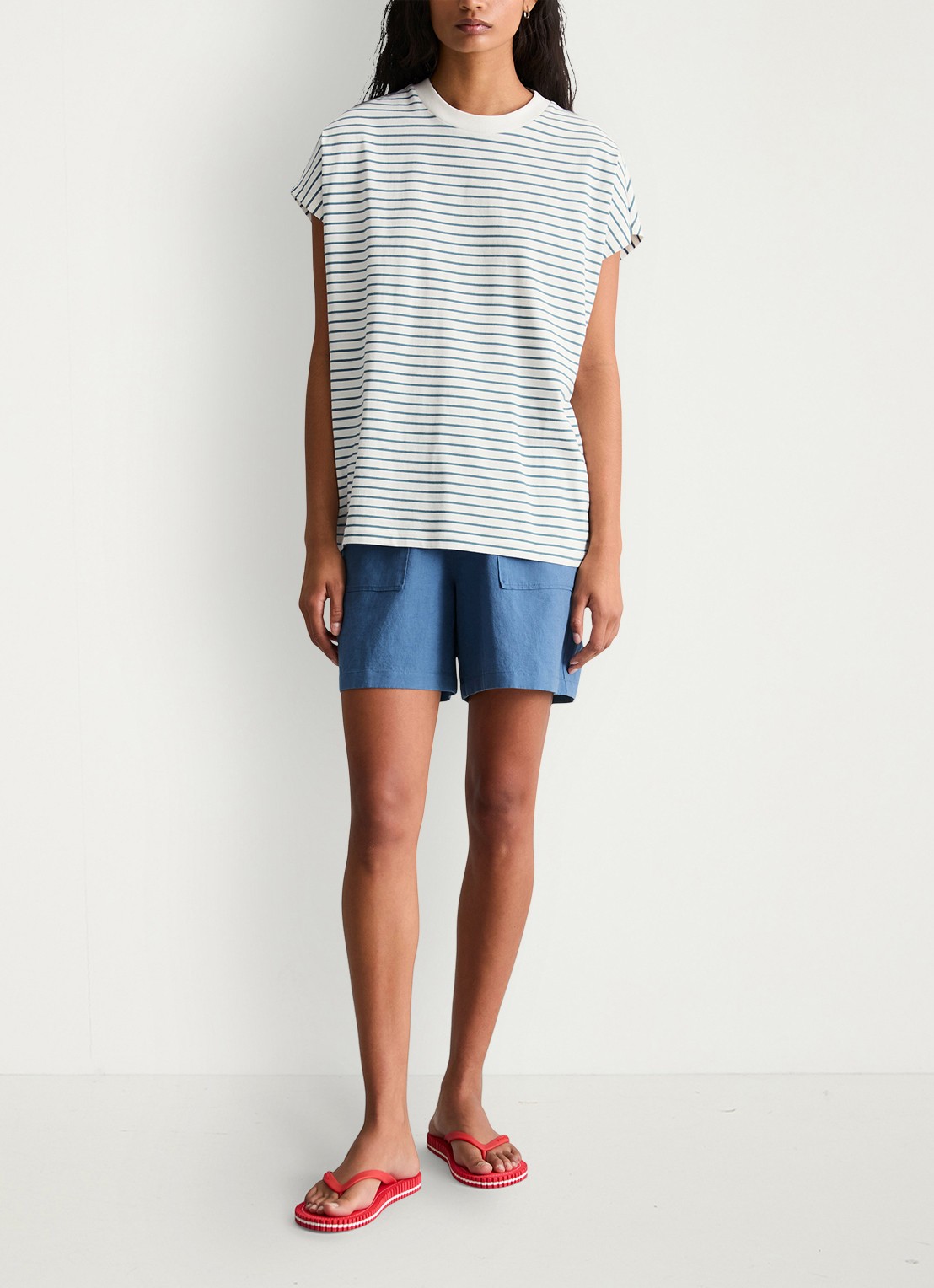 Marc O'Polo Denim T-shirt met streepprint - voorkant 3 blauw