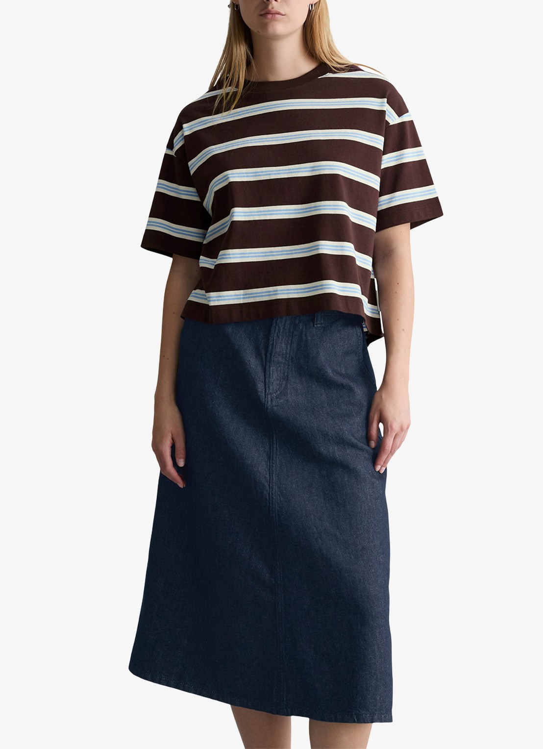 Marc O'Polo Denim T-shirt met streepprint - detail dark brown_multi_02-1544 / bruin