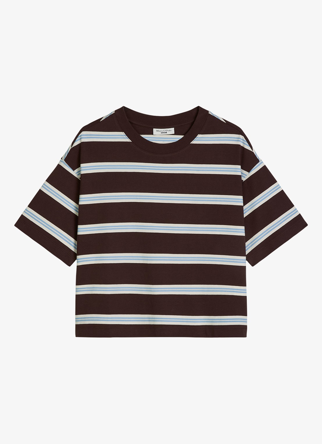 Marc O'Polo Denim T-shirt met streepprint - voorkant 4 dark brown_multi_02-1544 / bruin