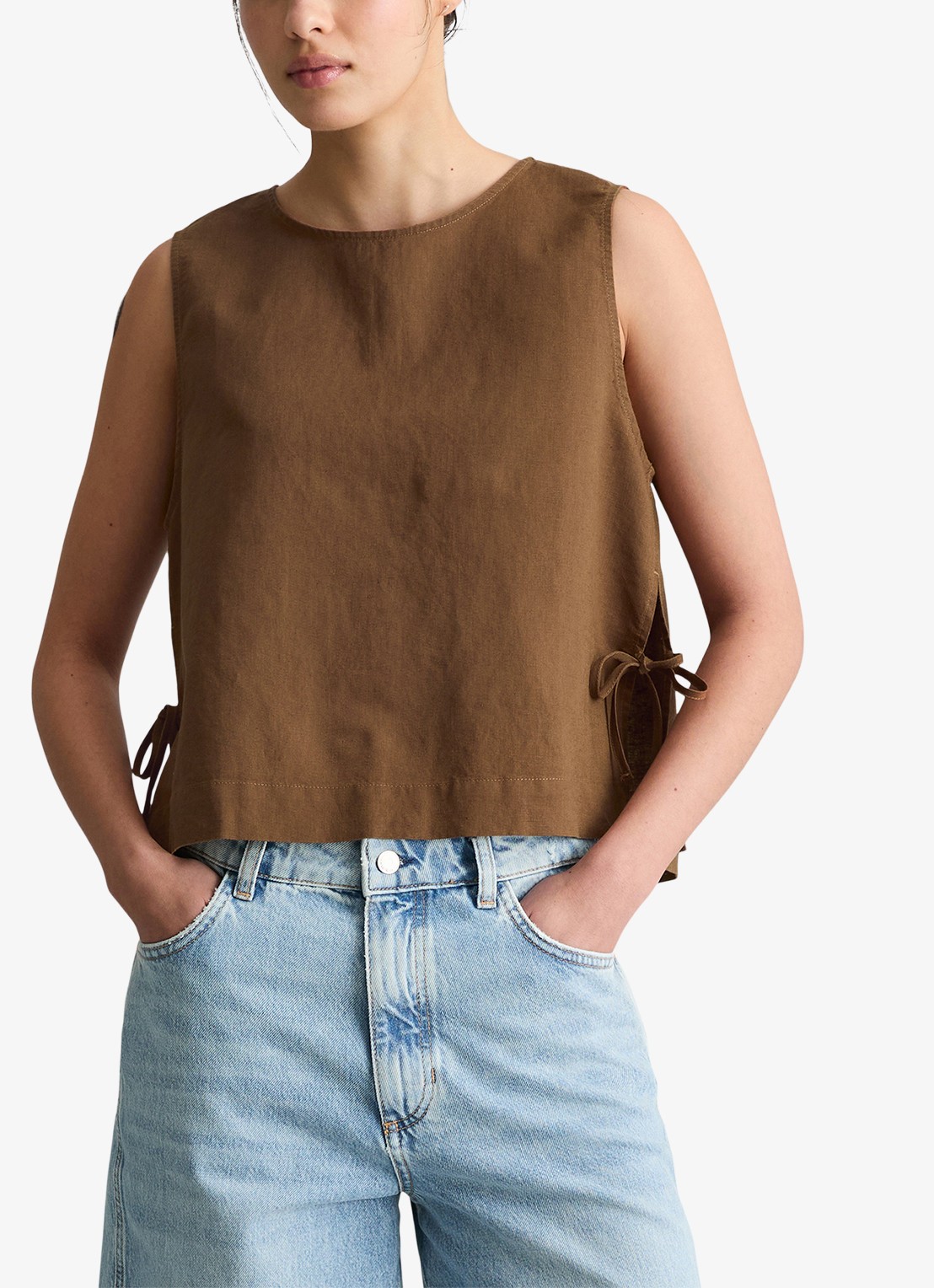 Marc O'Polo Denim Top met gestrikt detail - detail 3 umbra brown-1624 / bruin