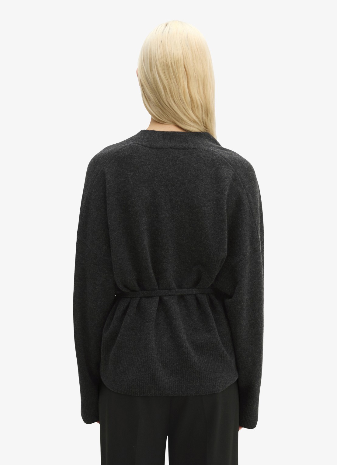 Marc O'Polo Fijngebreid vest in kasjmierblend met strikceintuur - achterkant 3 coal grey melange / grijs