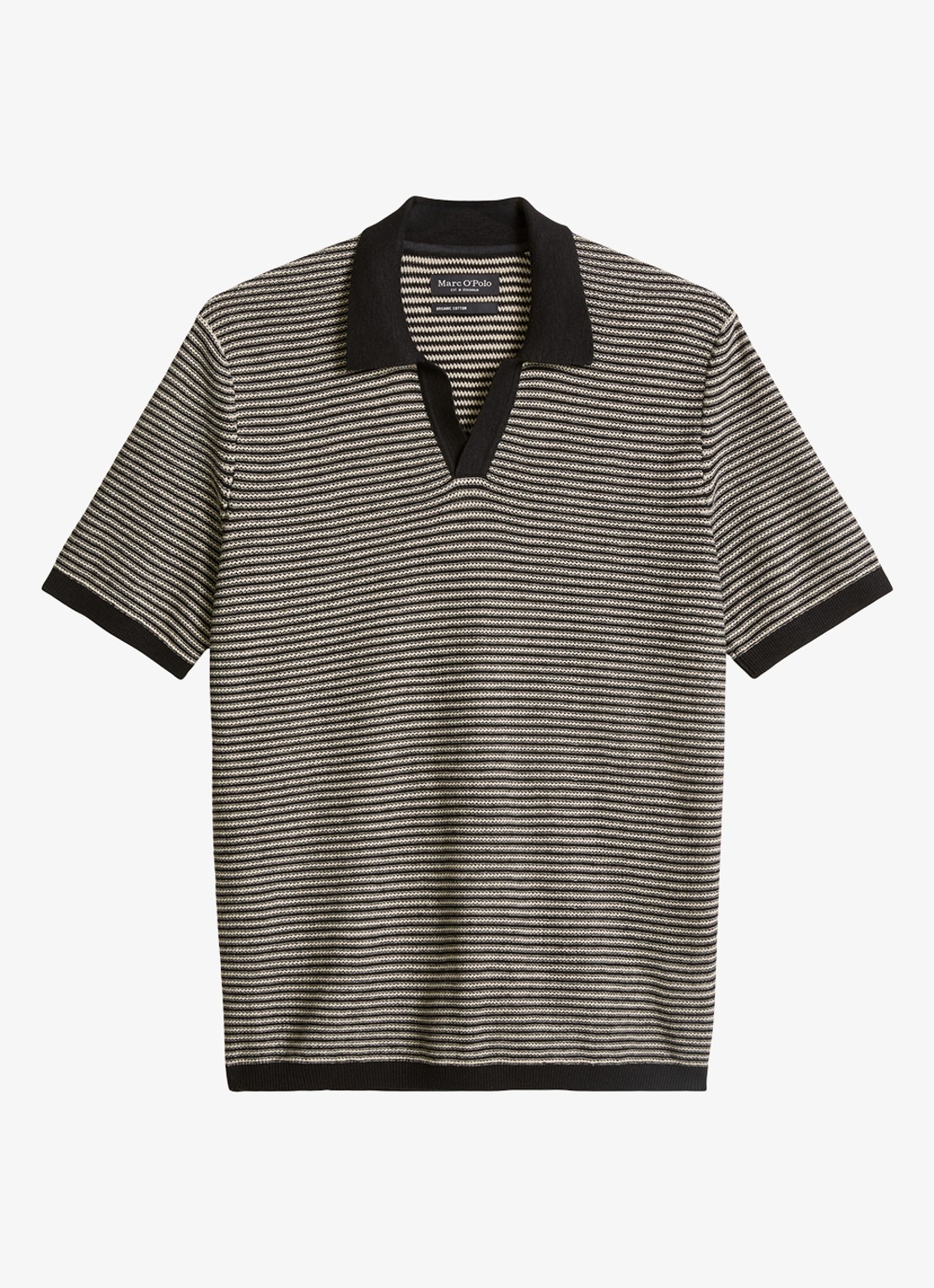 Marc O'Polo Fijngebreide polo in linnenblend met streepprint - voorkant 4 black-0093 / zwart