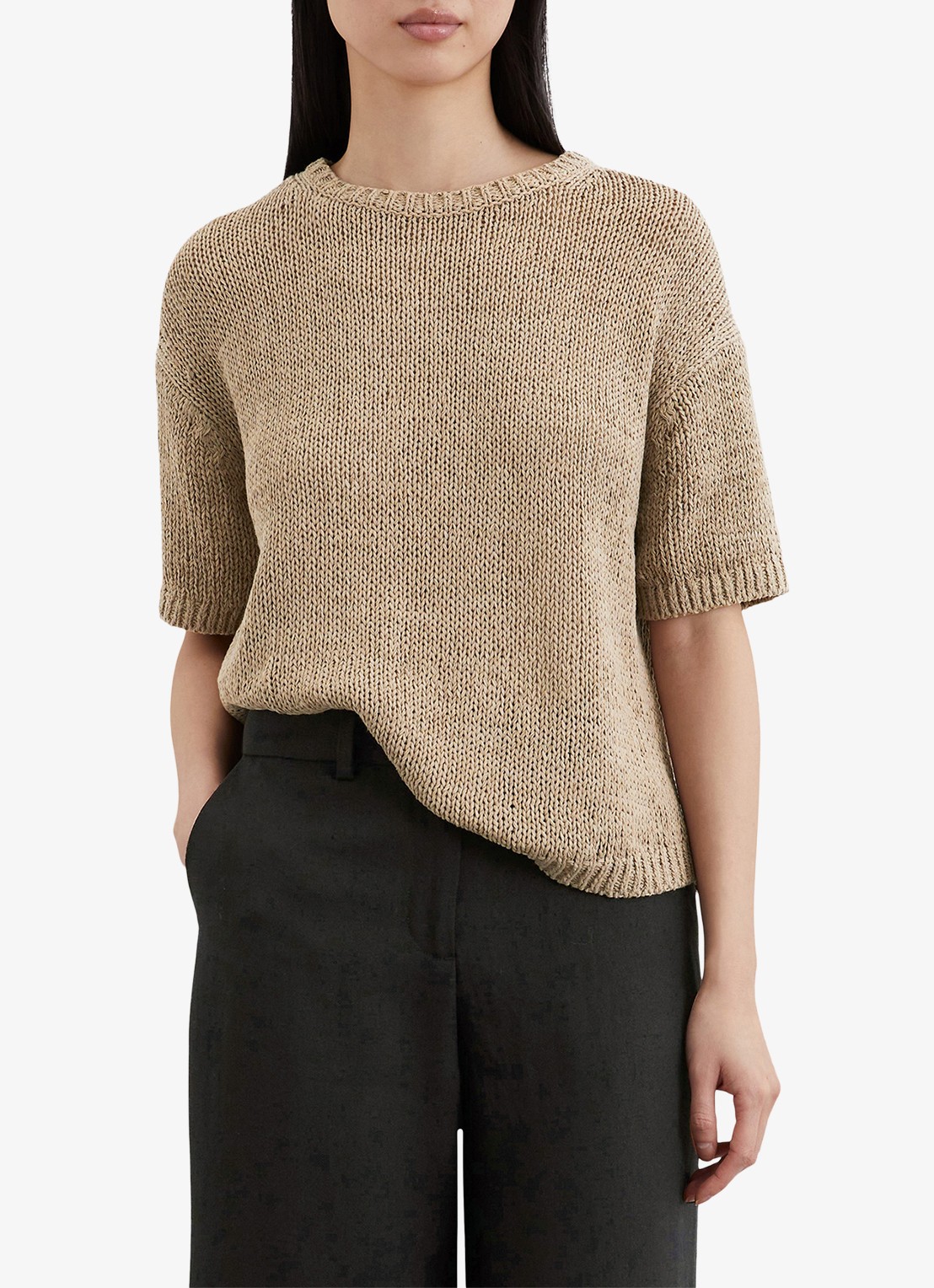 Marc O'Polo Fijngebreide pullover in  katoenblend met boothals - detail 3 zand
