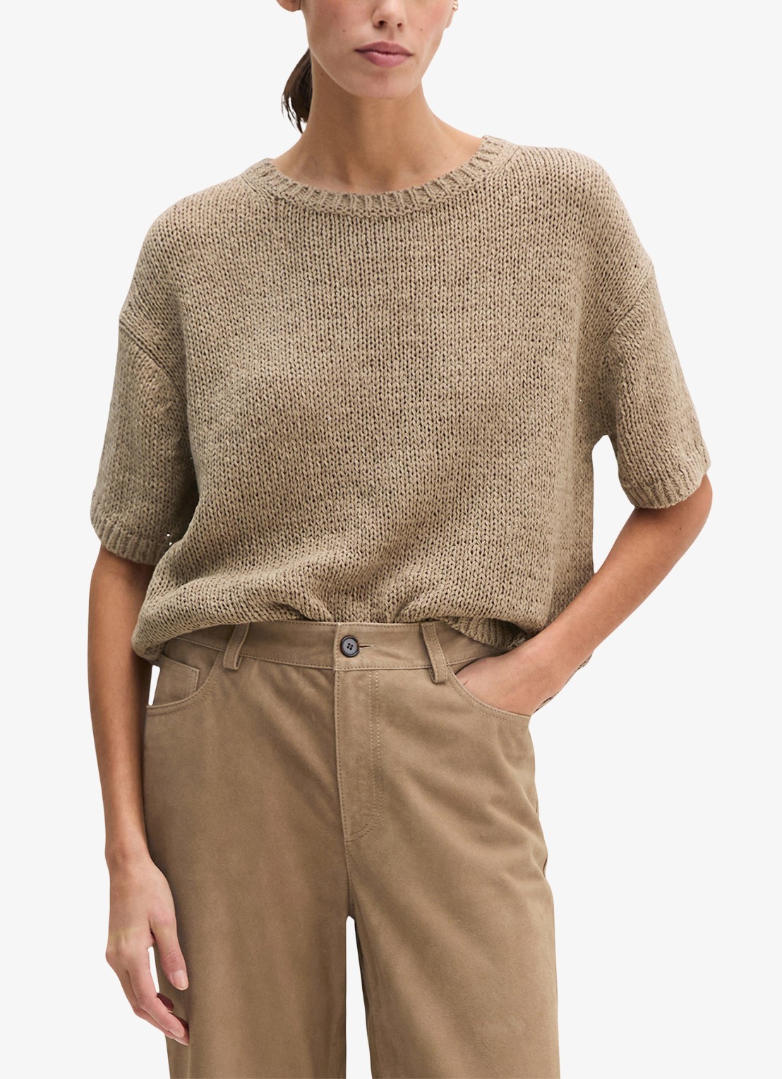 Marc O'Polo Fijngebreide pullover in  katoenblend met boothals - detail 4 taupe