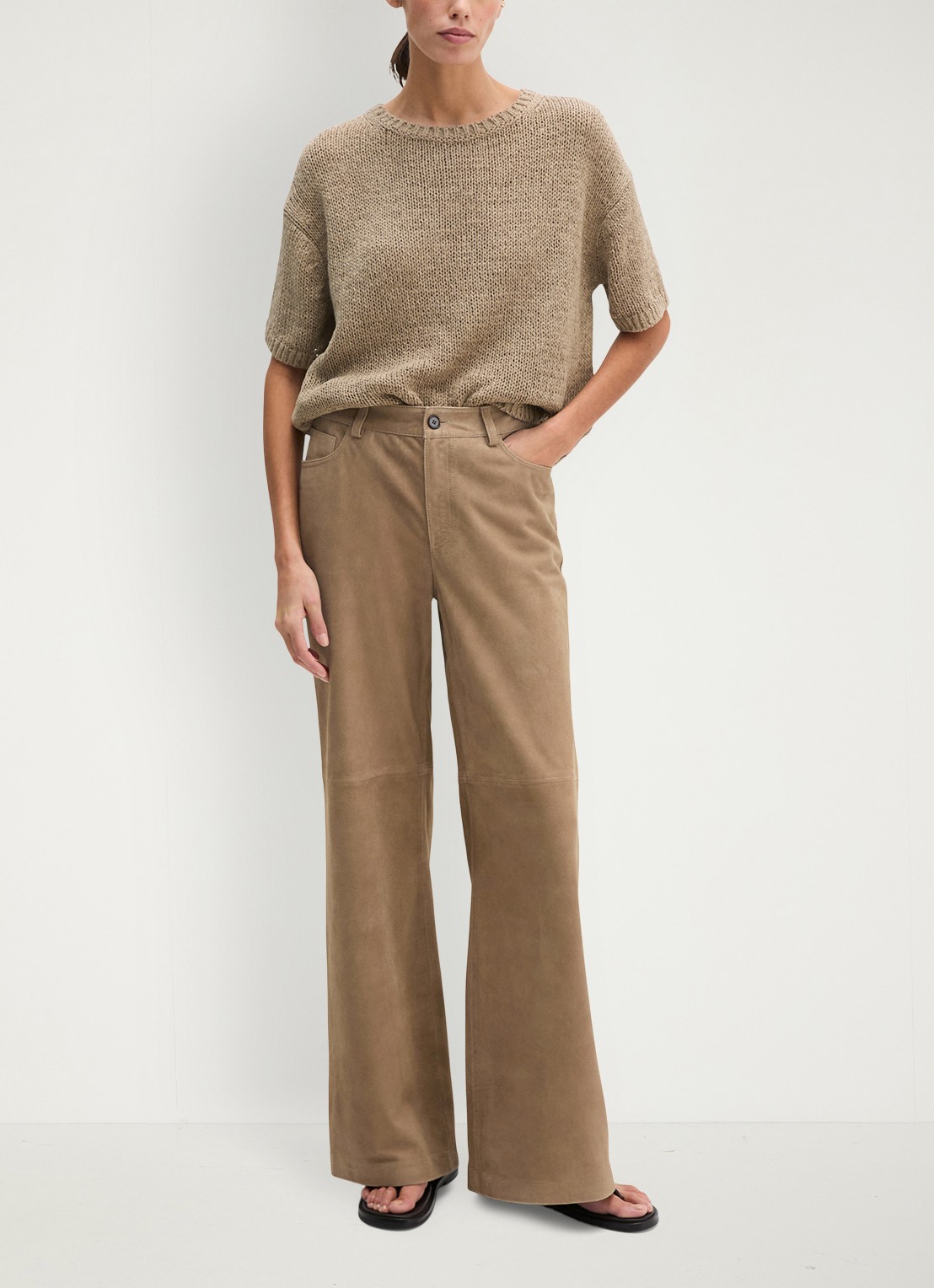 Marc O'Polo Fijngebreide pullover in  katoenblend met boothals - voorkant 3 taupe