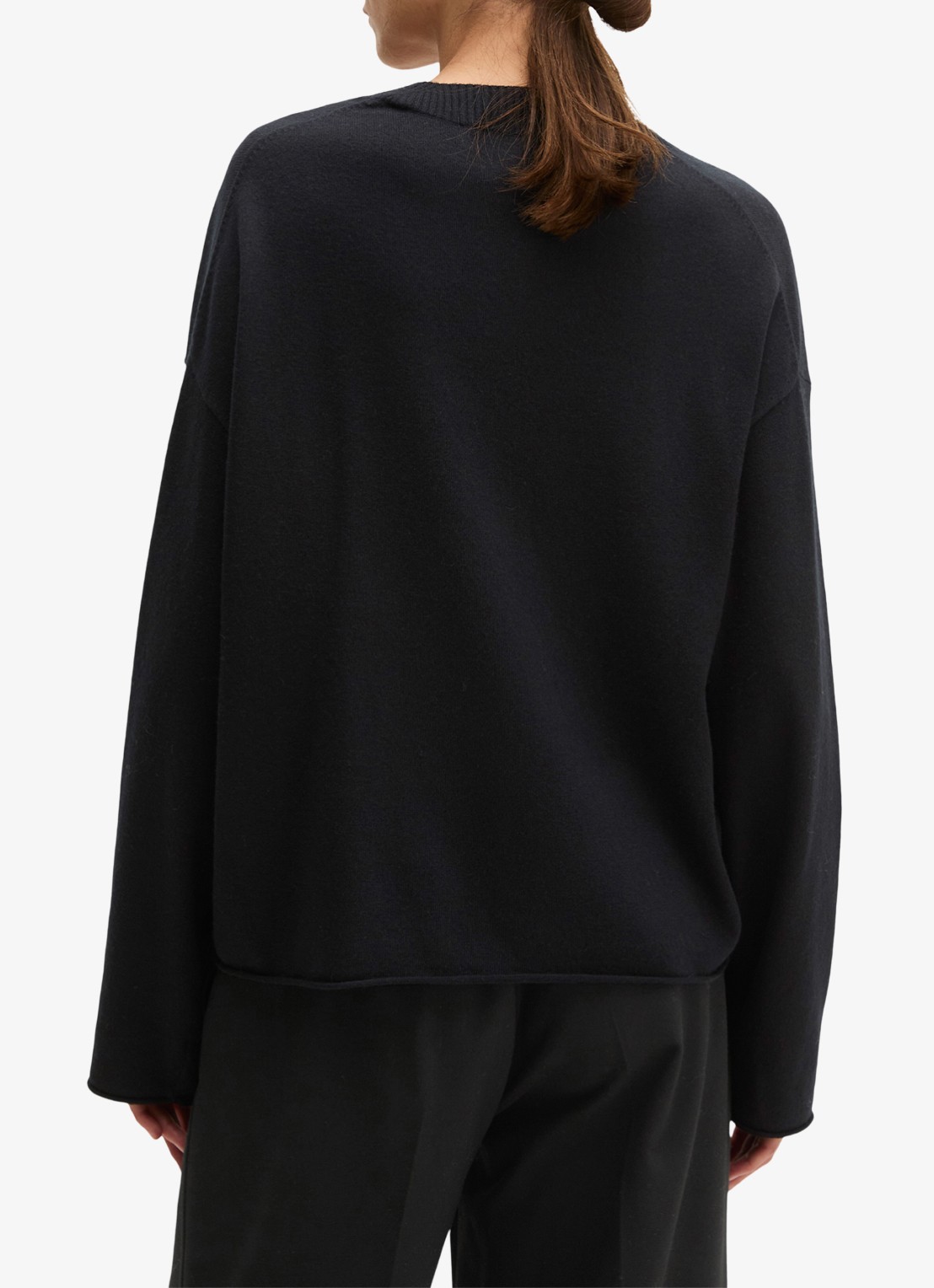 Marc O'Polo Fijngebreide pullover in scheelwolblend met V-hals - achterkant 3 black / zwart