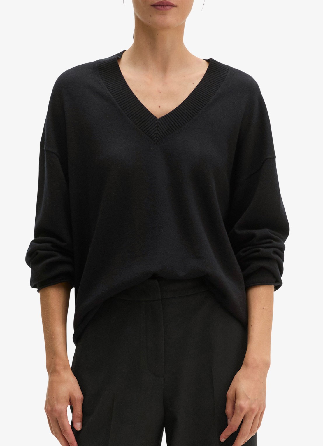 Marc O'Polo Fijngebreide pullover in scheelwolblend met V-hals - detail black / zwart