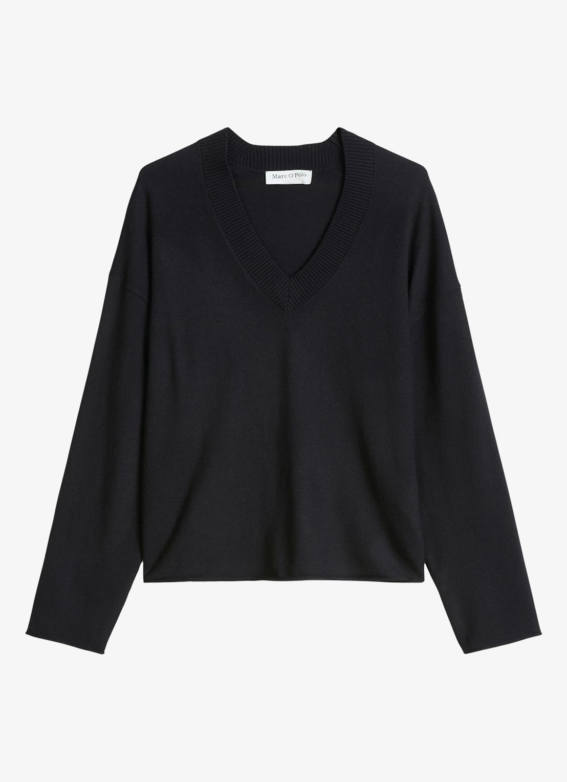 Marc O'Polo Fijngebreide pullover in scheelwolblend met V-hals - voorkant 4 black / zwart