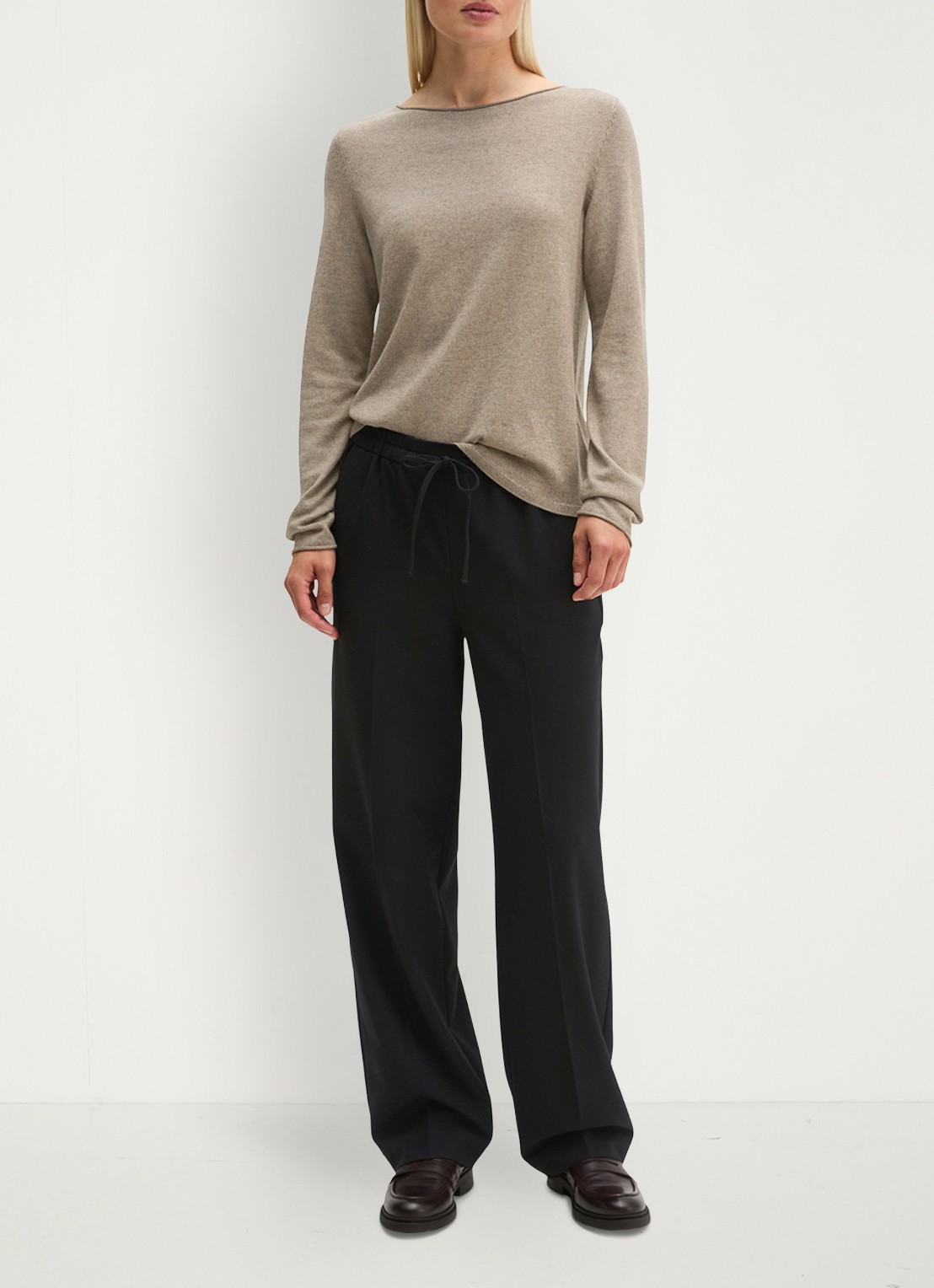 Marc O'Polo Fijngebreide pullover in scheerwolblend - voorkant 3 stone taupe melange / taupe