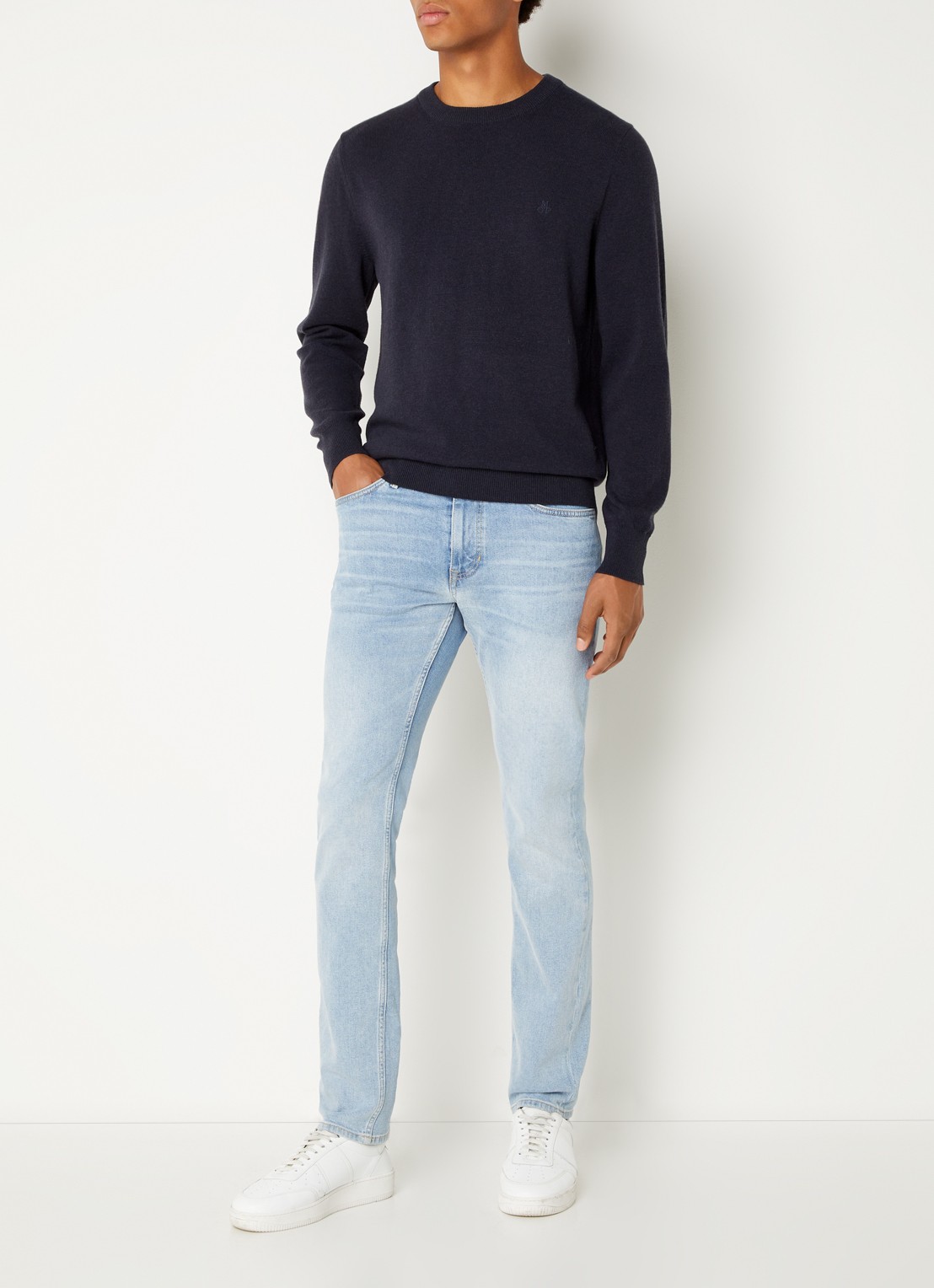 Marc O'Polo Fijngebreide pullover in scheerwolblend - voorkant 2 blauw