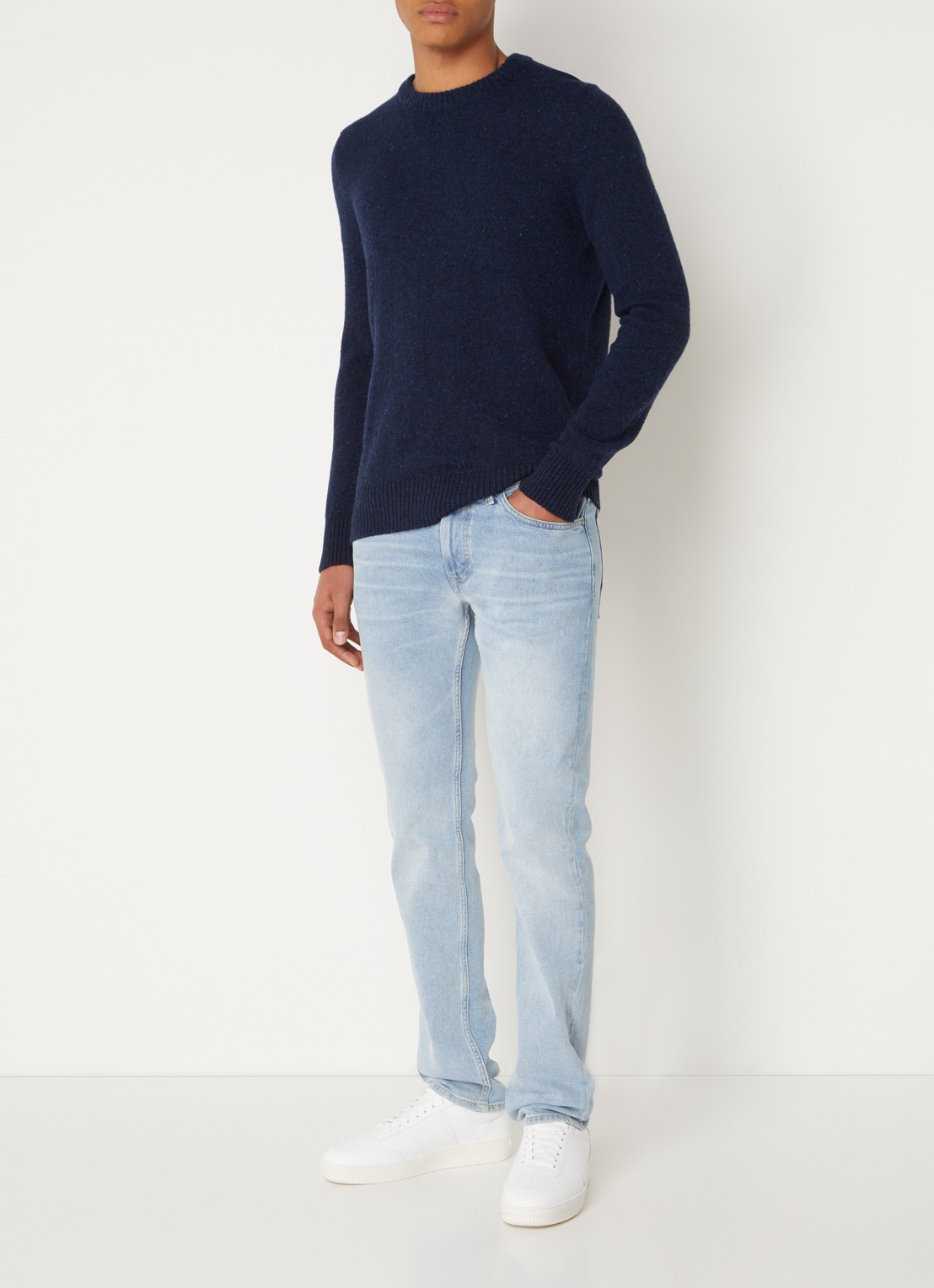 Marc O'Polo Fijngebreide pullover in wolblend met gemêleerd dessin - voorkant 2 blauw