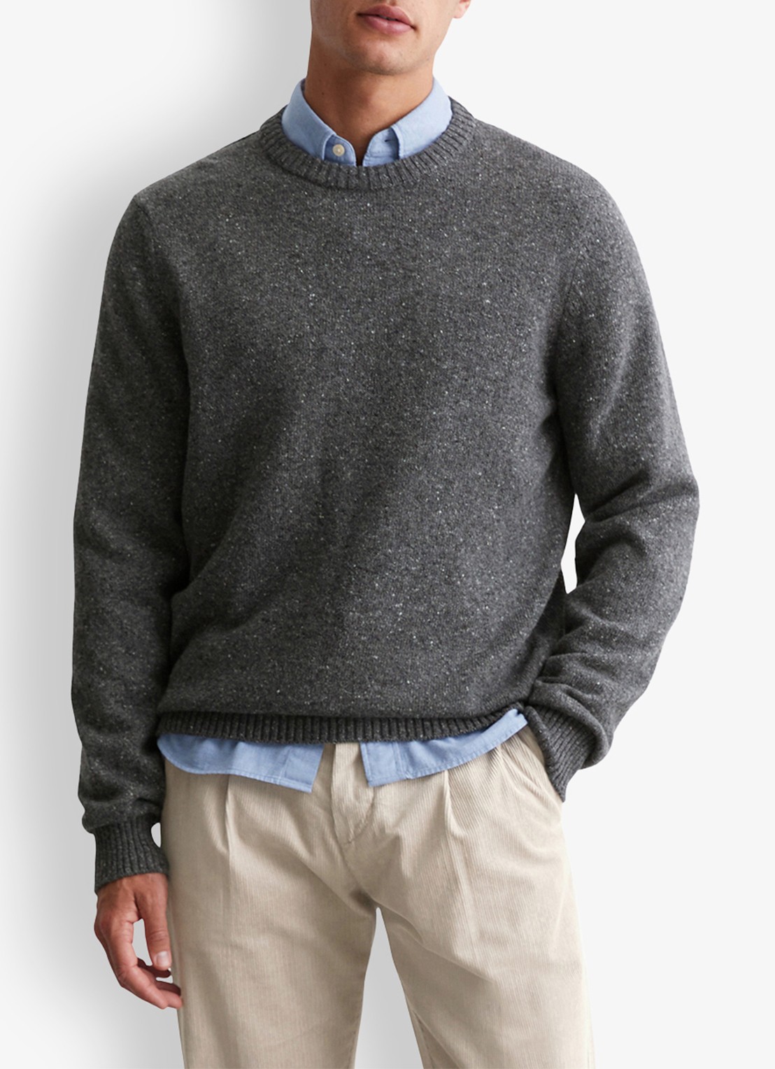 Marc O'Polo Fijngebreide pullover in wolblend met gemêleerd dessin - detail lichtgrijs