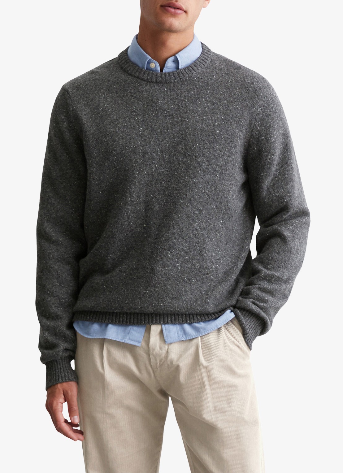Marc O'Polo Fijngebreide pullover in wolblend met gemêleerd dessin - voorkant 6 lichtgrijs