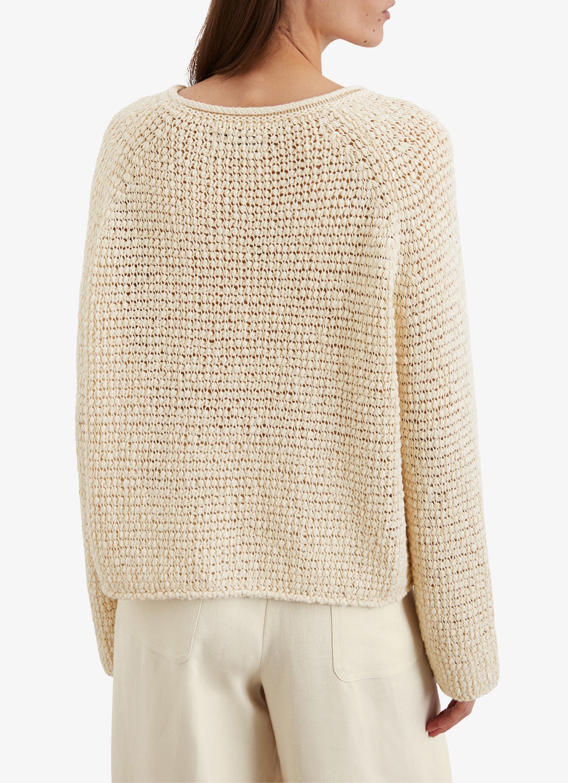 Marc O'Polo Fijngebreide pullover met opengebreid dessin - achterkant 2 beige