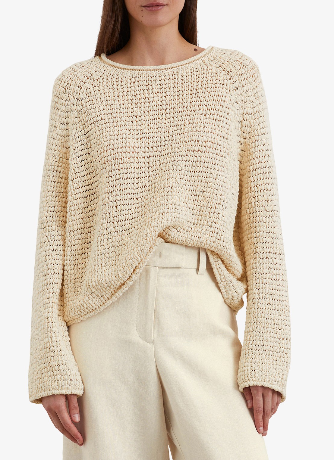 Marc O'Polo Fijngebreide pullover met opengebreid dessin - detail 3 beige