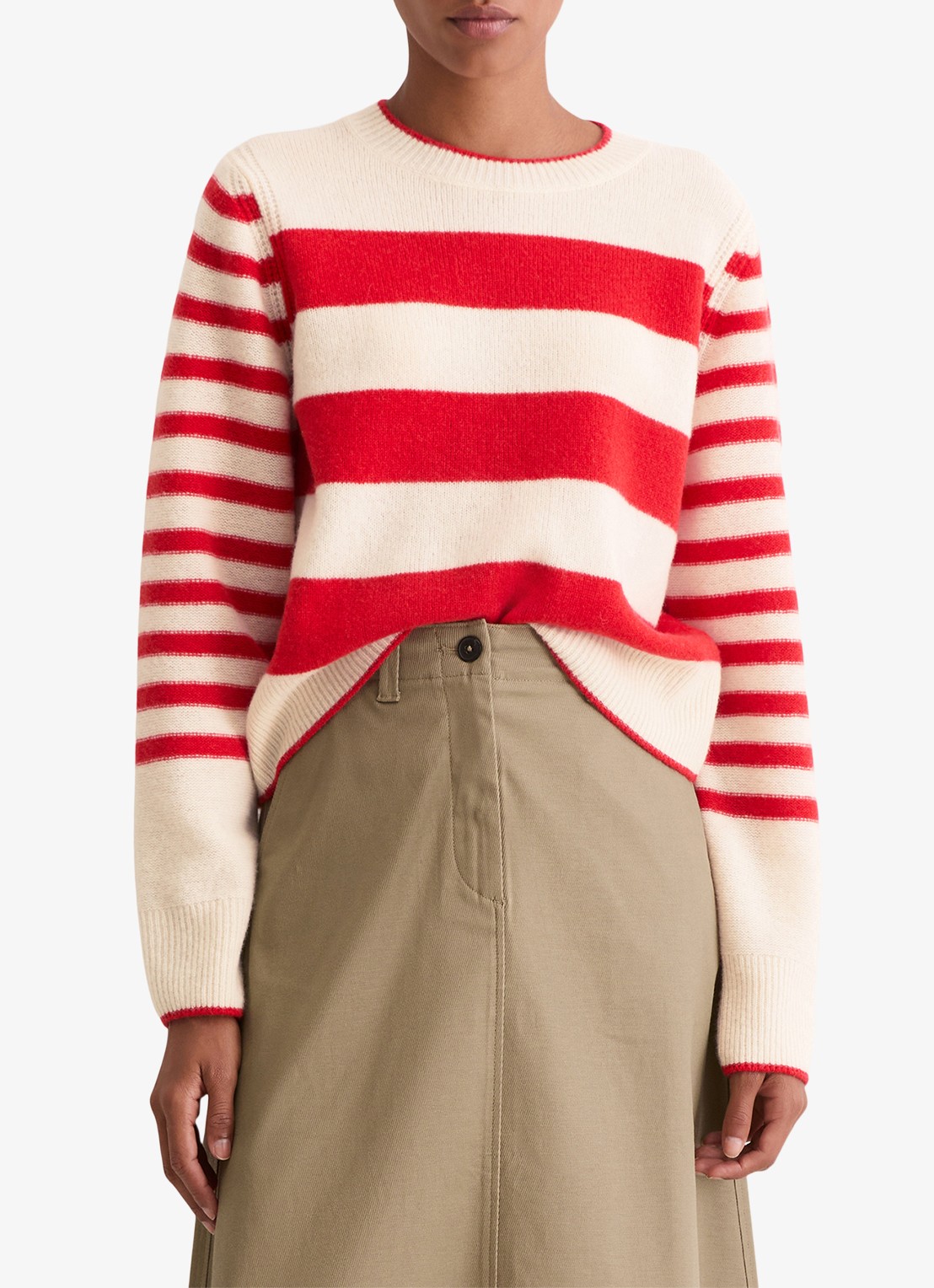 Marc O'Polo Fijngebreide pullover met streepprint - detail 3 rood